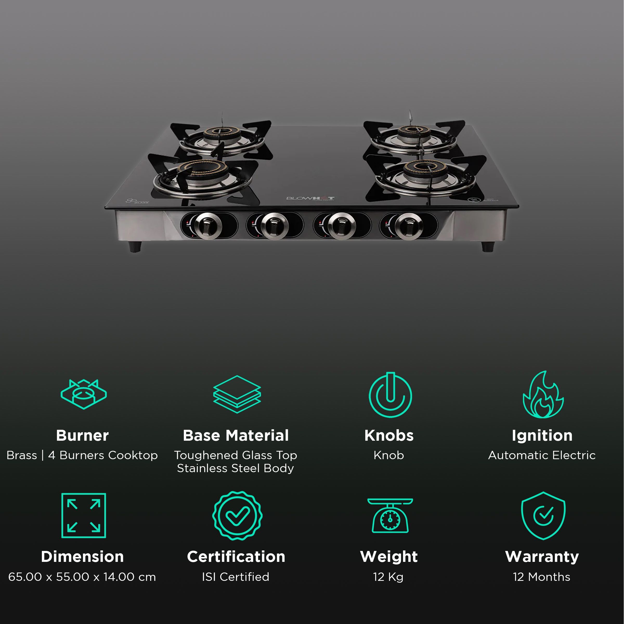 Blowhot Jasper Toughened Glass Top 4 Burner Automatic Electric Gas Stove (ISI Certified, Black)_3