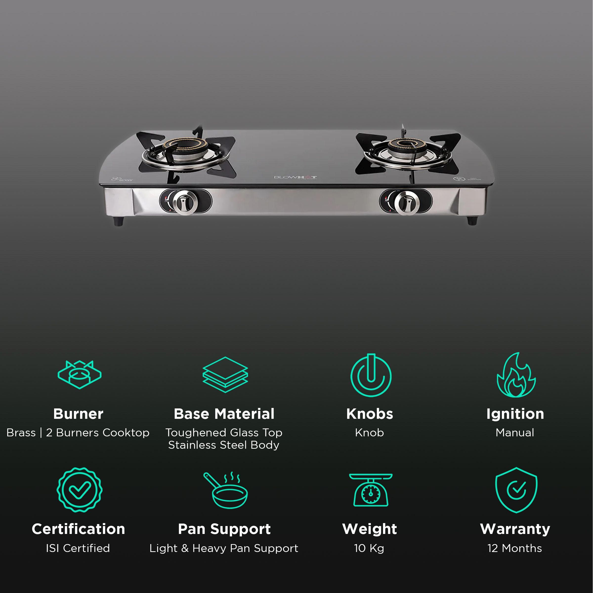 Blowhot Jasper Toughened Glass Top 2 Burner Manual Gas Stove (ISI Certified, Black) Blowhot Jasper Toughened Glass Top 2 Burner Manual Gas Stove (ISI Certified, Black)_3