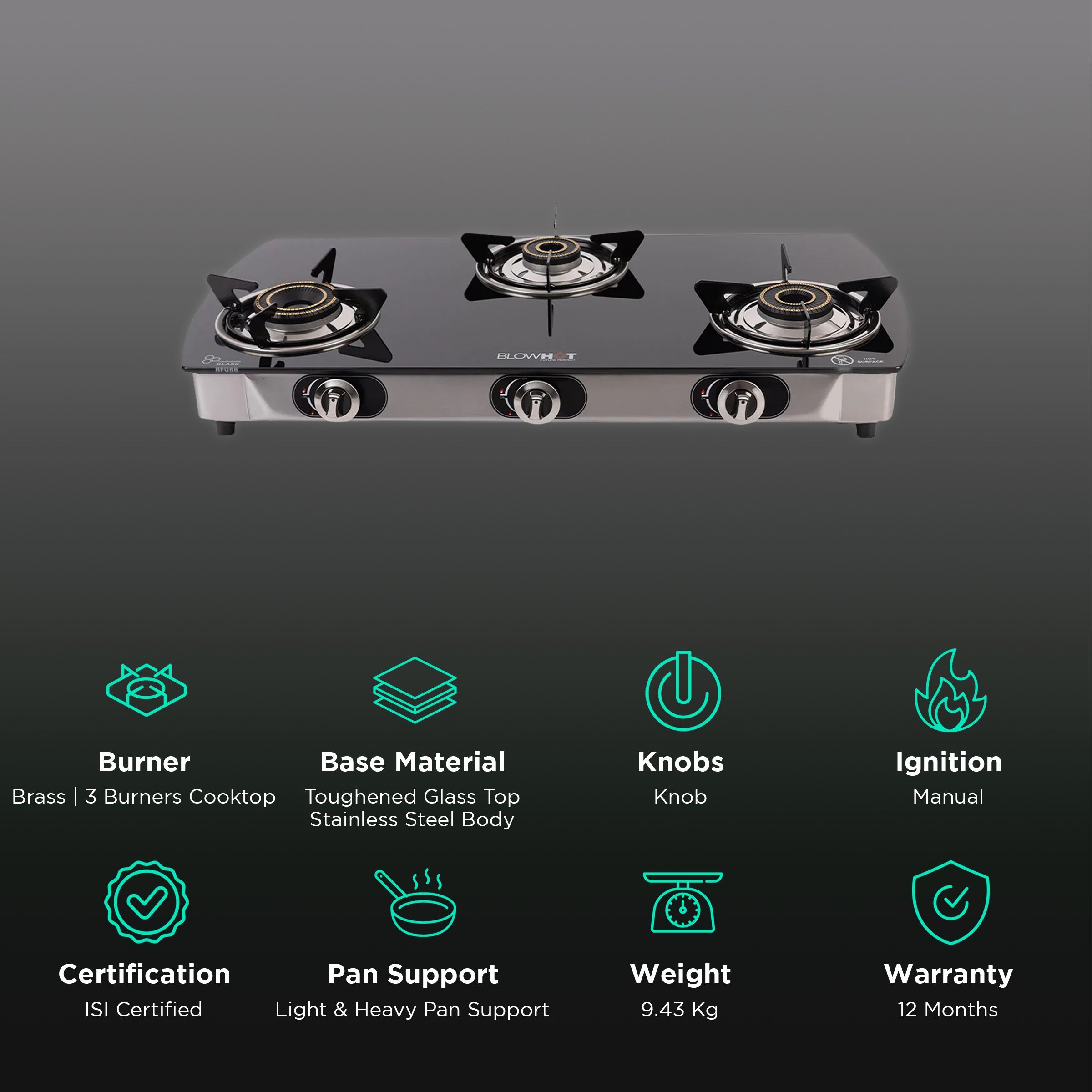 Blowhot Jasper Toughened Glass Top 3 Burner Manual Gas Stove (ISI Certified, Black)_3