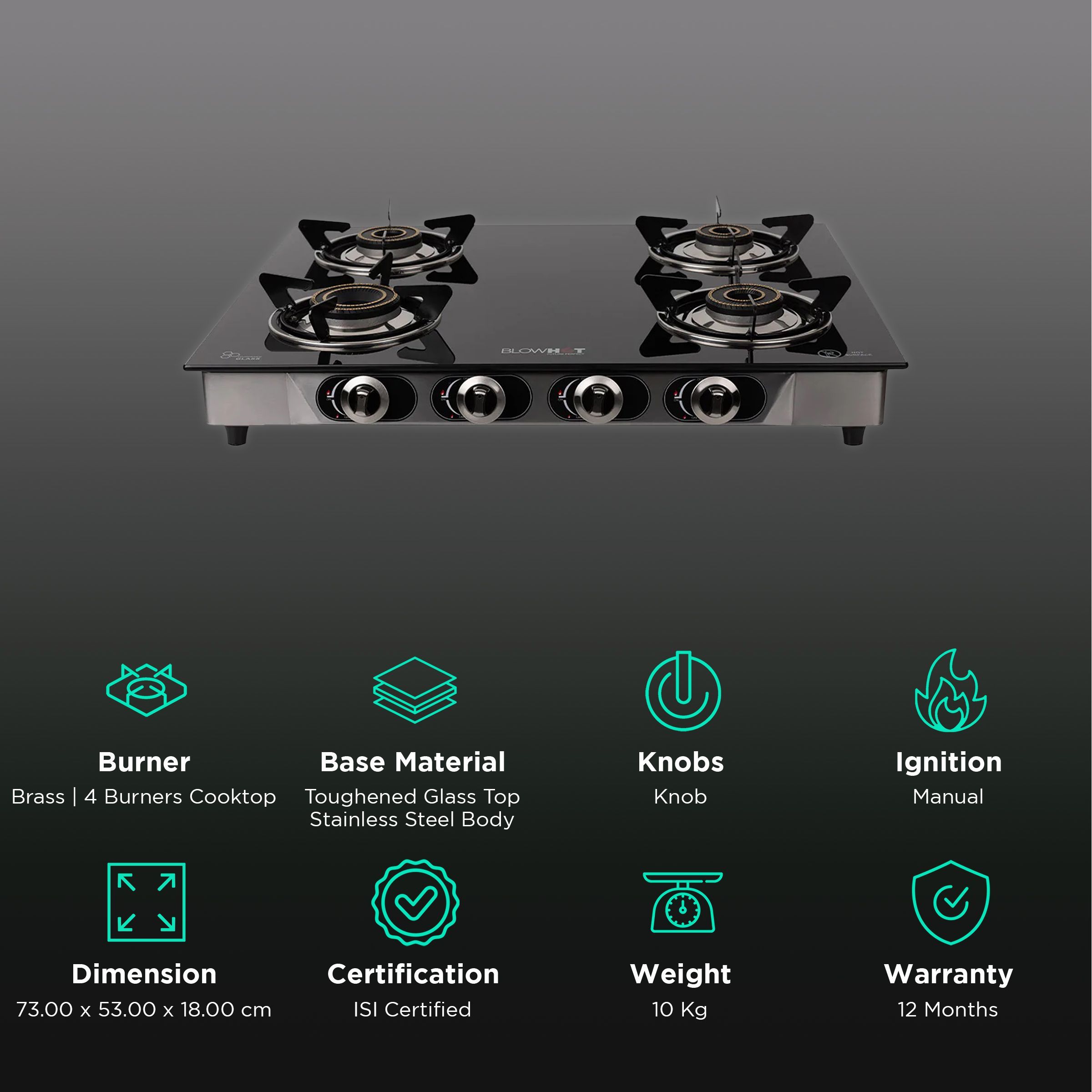 Blowhot Jasper Toughened Glass Top 4 Burner Manual Gas Stove (ISI Certified, Black)_3