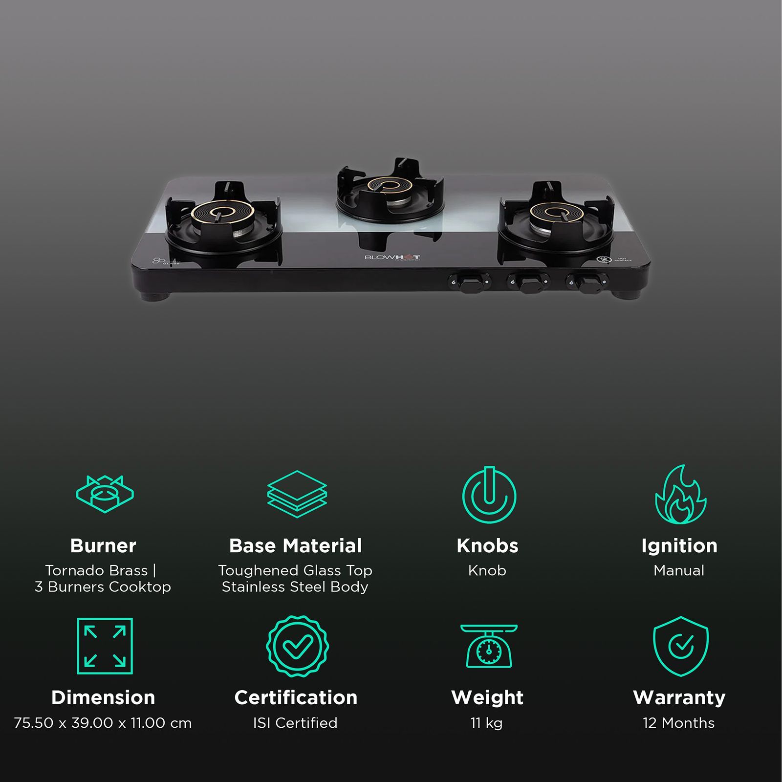 Blowhot Sapphire Toughened Glass Top 3 Burner Manual Gas Stove (ISI Certified, Black)_3