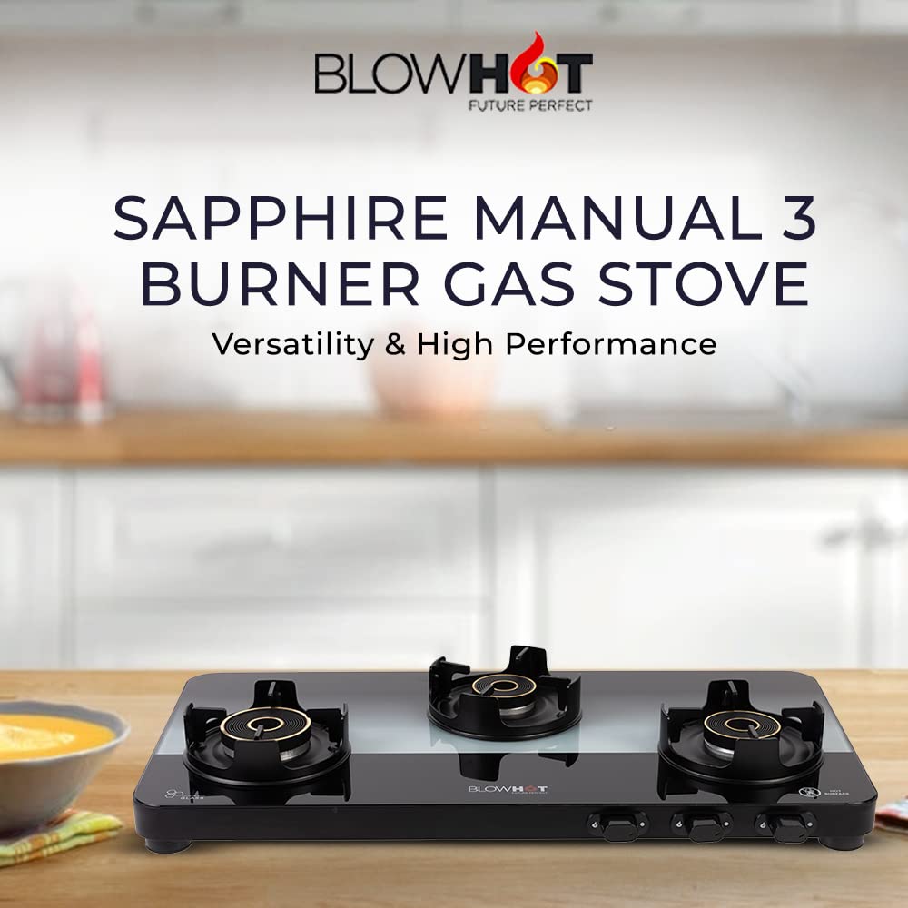Blowhot Sapphire Toughened Glass Top 3 Burner Manual Gas Stove (ISI Certified, Black)_9