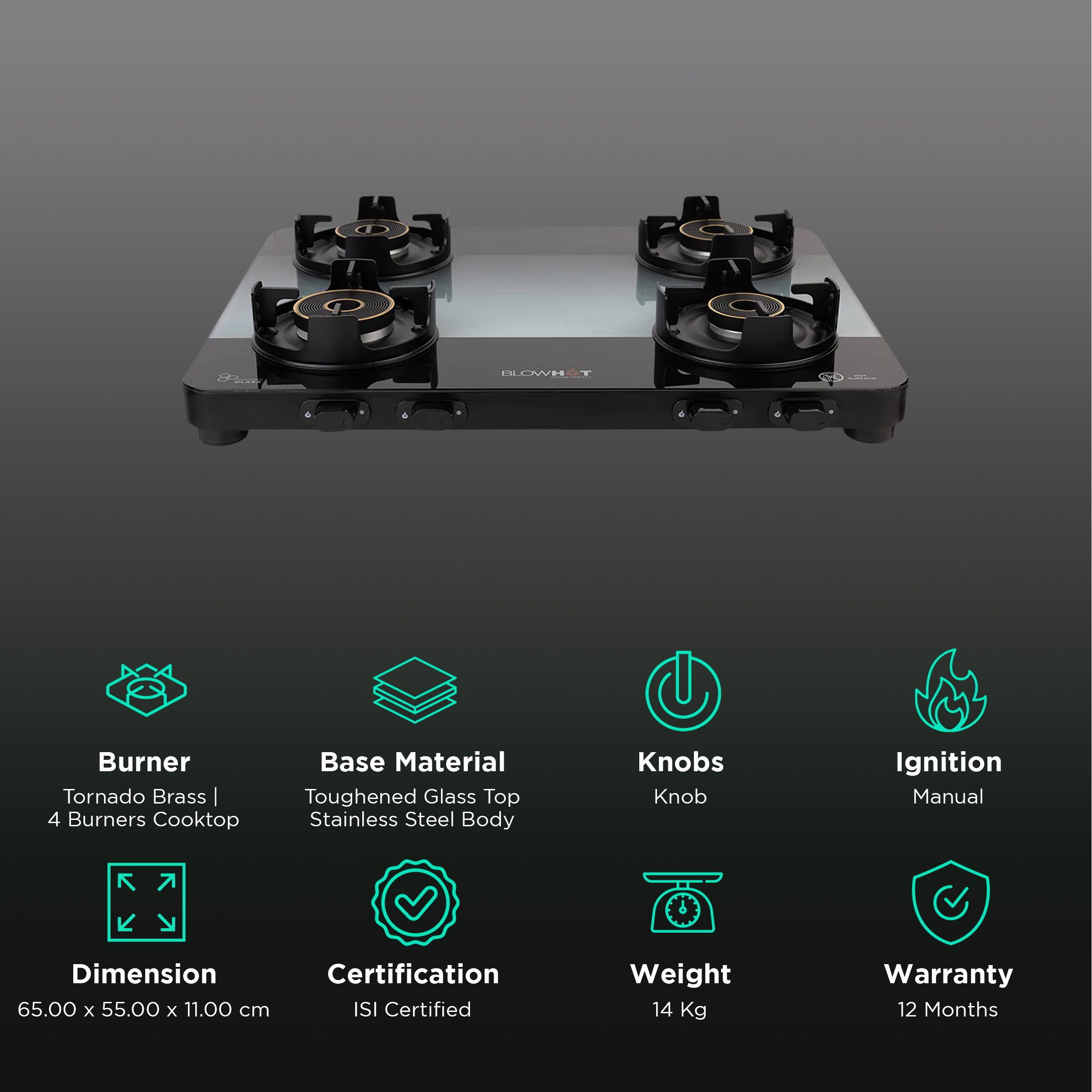 Blowhot Sapphire Toughened Glass Top 4 Burner Manual Gas Stove (ISI Certified, Black)_3