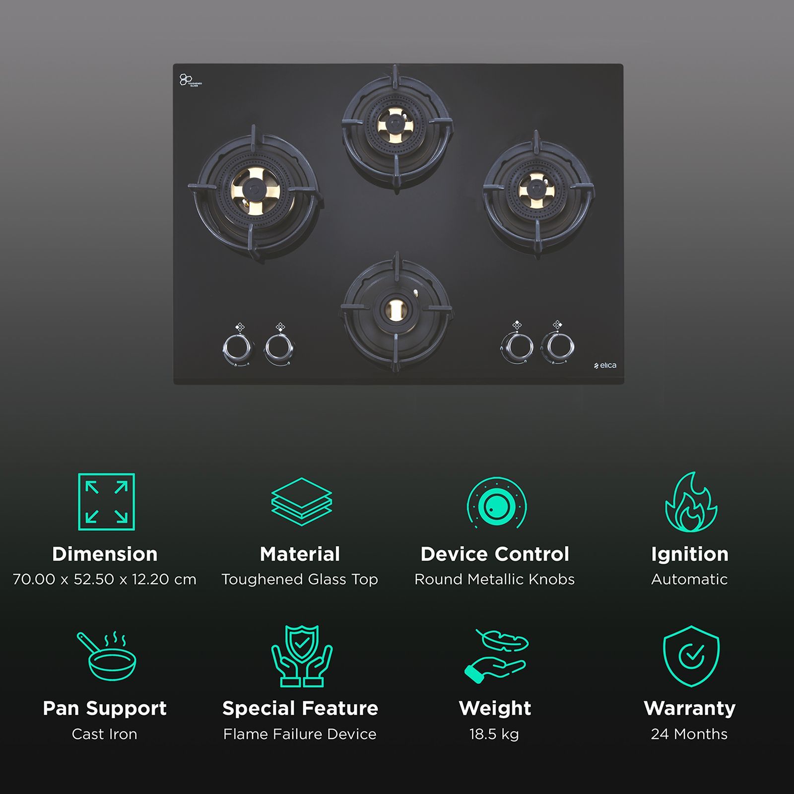 Elica FLEXI DFS FB MFC 4B 70 FFD Toughened Glass Top 4 Burner Automatic Hob (Multi Flame Control, Black)_3