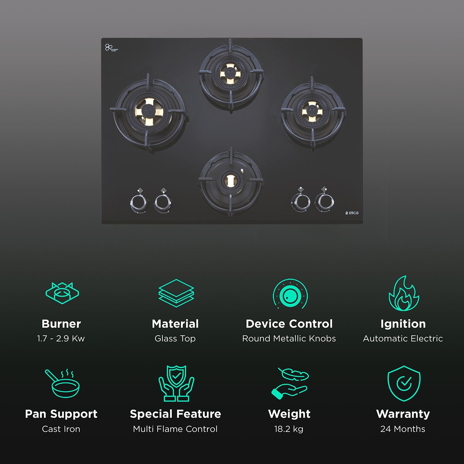 elica FLEXI DFS FB MFC 4B 70 Glass Top 4 Burner Automatic Electric Hob (Multi Flame Control, Black)_3