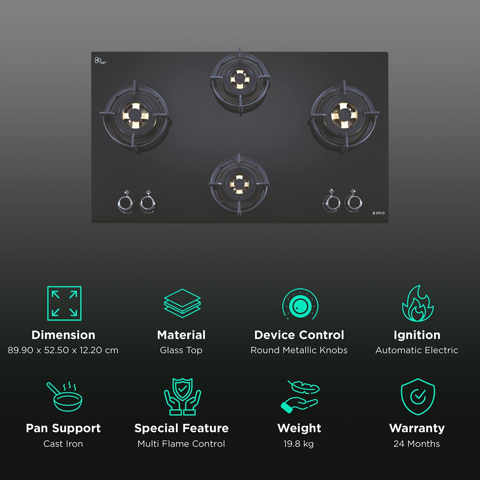 Elica FLEXI DFS FB MFC 4B 91 Glass Top 4 Burner Automatic Electric Hob (Multi Flame Control, Black)_3