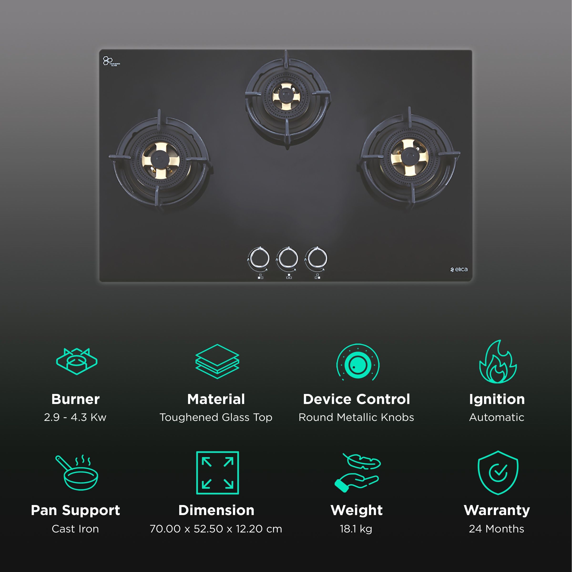 Elica FLEXI DFS FB MFC 3B 70 DX Toughened Glass Top 3 Burner Automatic Hob (Multi Flame Control, Black)_3