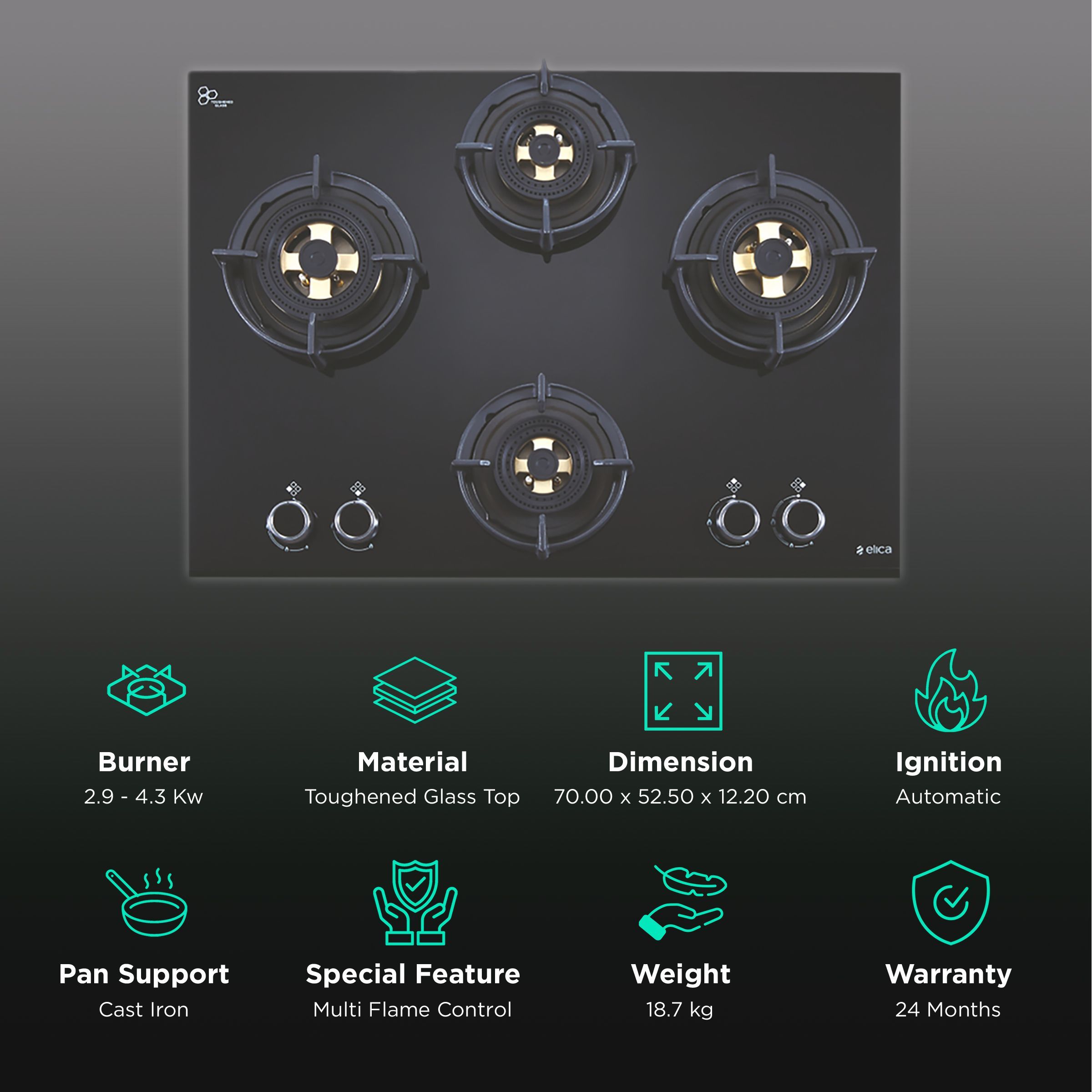 Elica FLEXI DFS FB MFC 4B 70 DX Toughened Glass Top 4 Burner Automatic Hob (Multi Flame Control, Black)_3