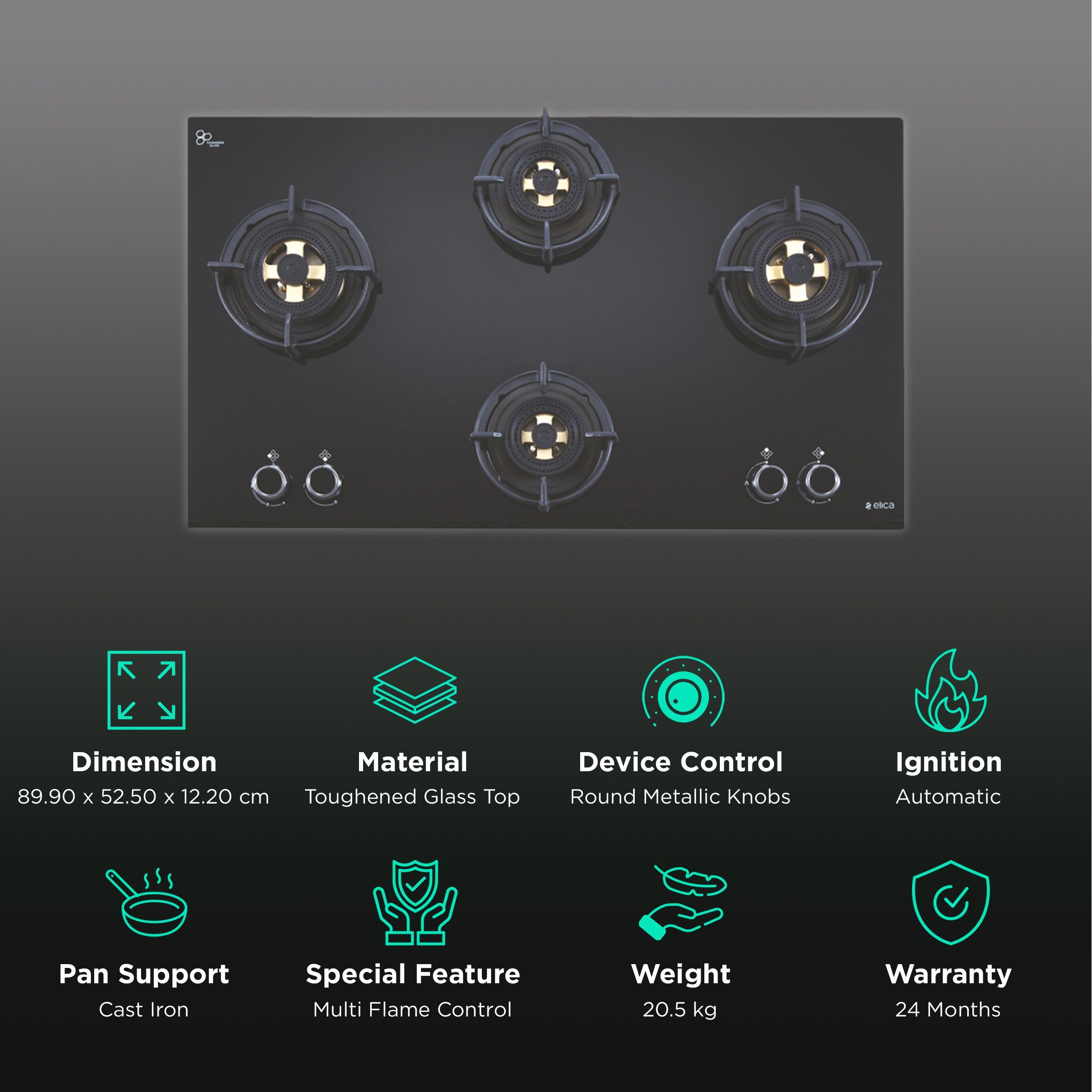 Elica FLEXI DFS FB MFC 4B 91 DX Toughened Glass Top 4 Burner Automatic Hob (Multi Flame Control, Black)_3