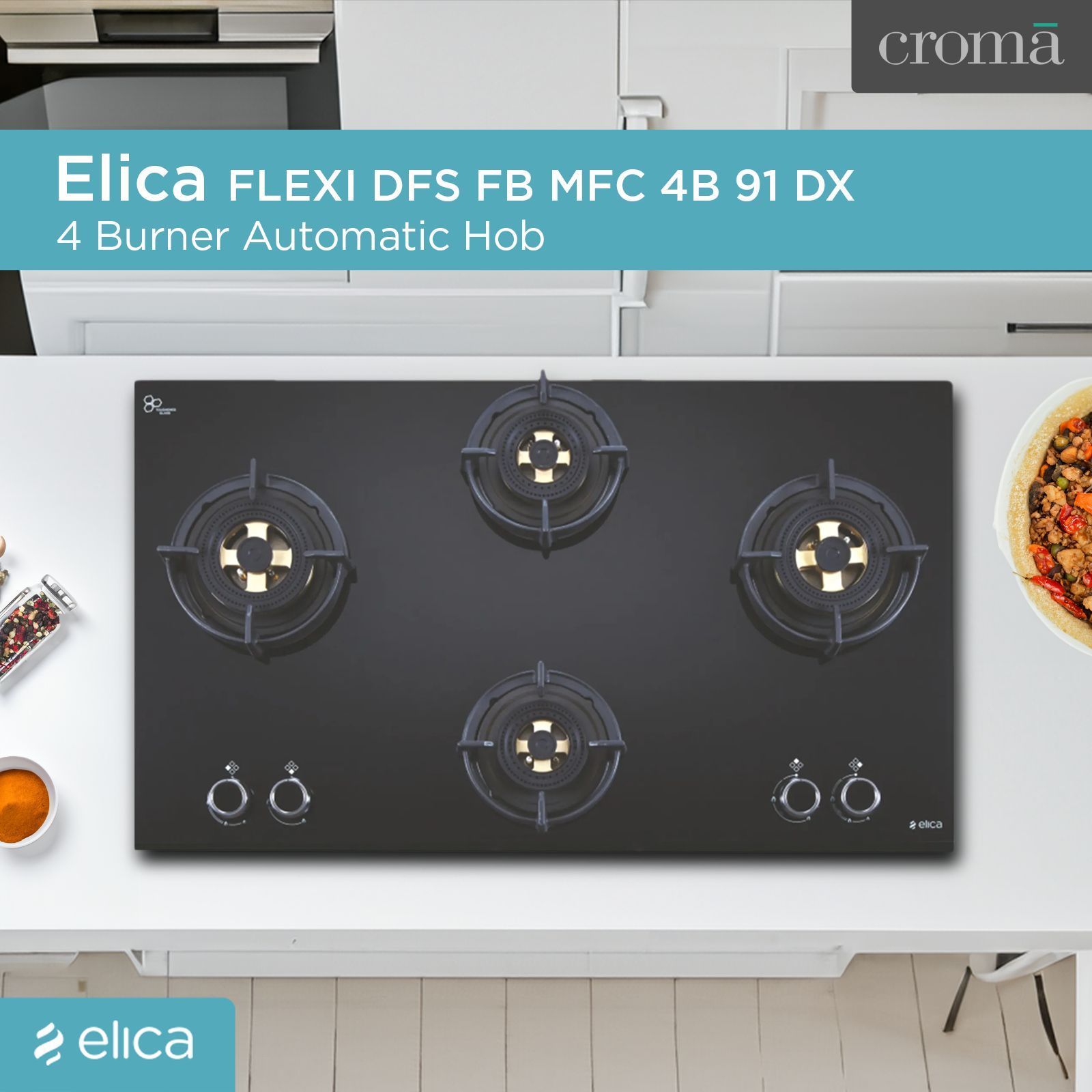 Elica FLEXI DFS FB MFC 4B 91 DX Toughened Glass Top 4 Burner Automatic Hob (Multi Flame Control, Black)_4