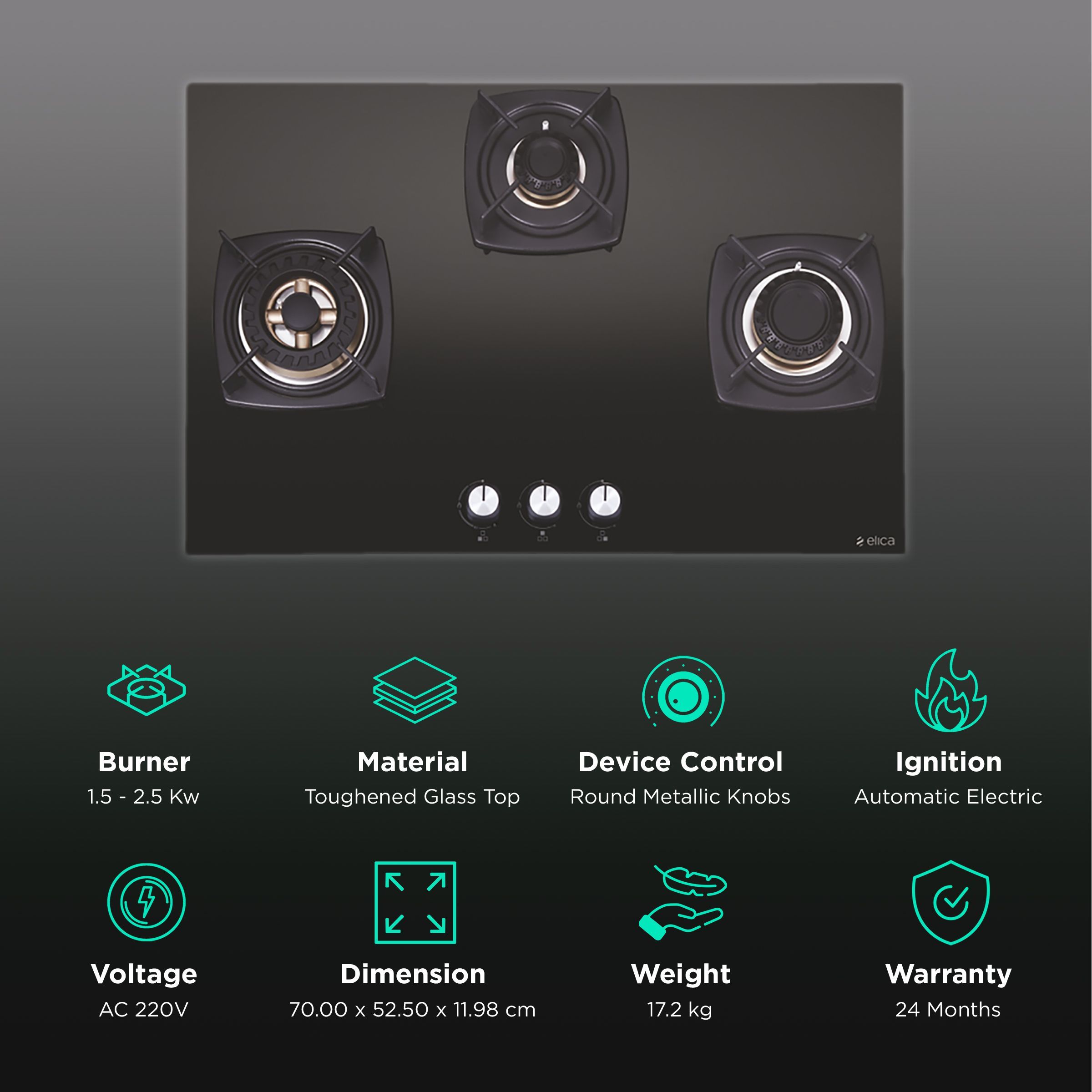 Elica DT FB MFC 3B 70 SWIRL FFD Toughened Glass Top 3 Burner Automatic Electric Hob (Enamelled Coated Grid, Black) Elica DT FB MFC 3B 70 SWIRL FFD Toughened Glass Top 3 Burner Automatic Electric Hob (Enamelled Coated Grid, Black)_3