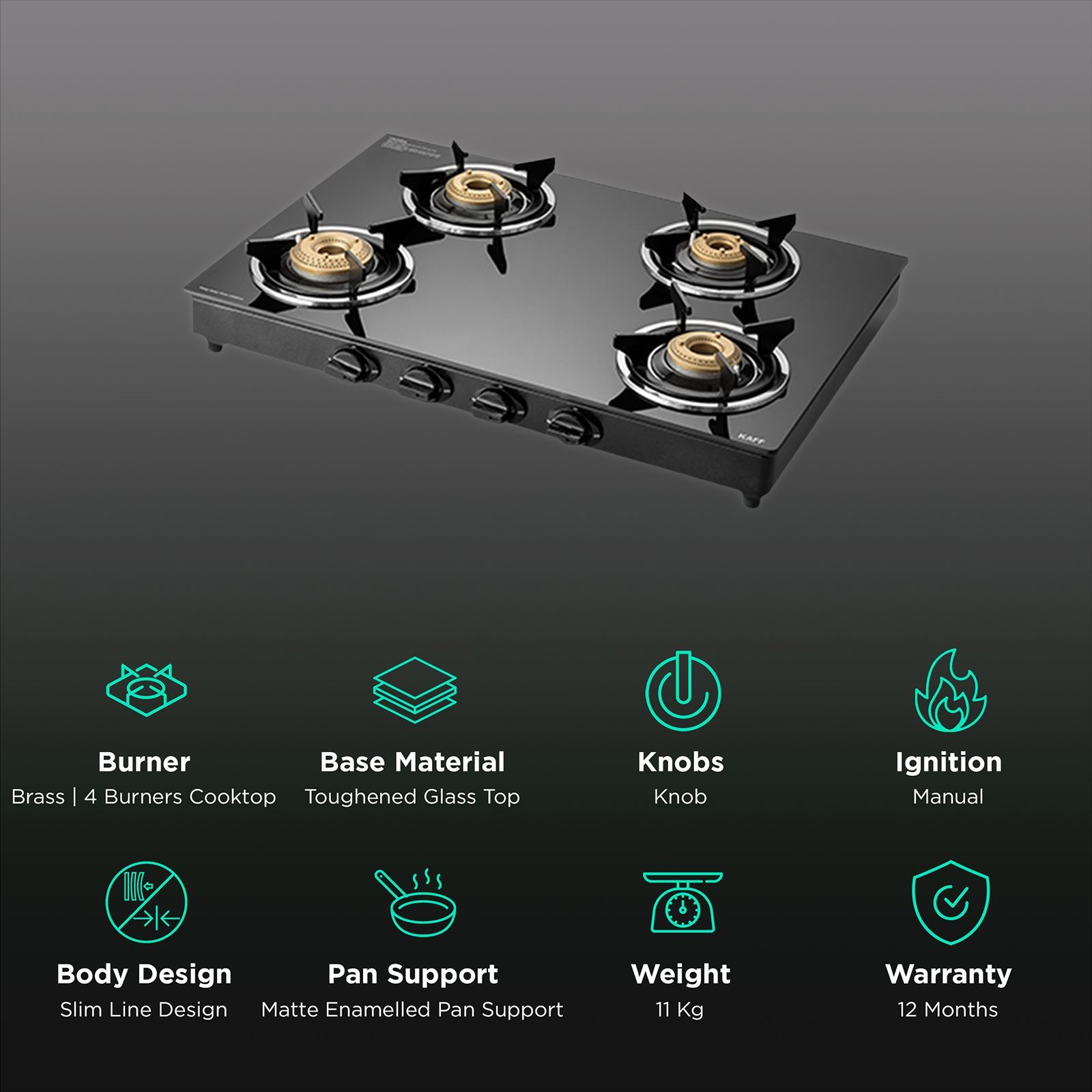 KAFF CTC694B Toughened Glass Top 4 Burner Manual Gas Stove (Matte Enamelled Pan Support, Black) KAFF CTC694B Toughened Glass Top 4 Burner Manual Gas Stove (Matte Enamelled Pan Support, Black)_3