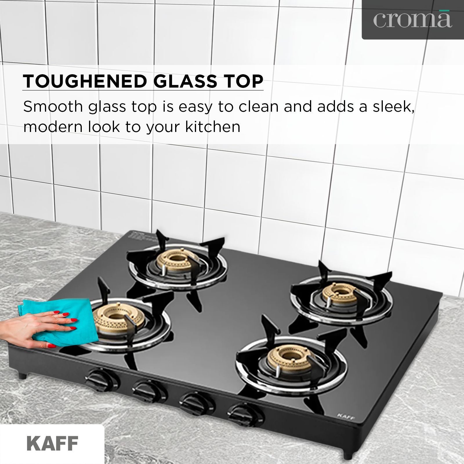 KAFF CTC634B Toughened Glass Top 4 Burner Manual Gas Stove (Matte Enamelled Pan Support, Black)_9