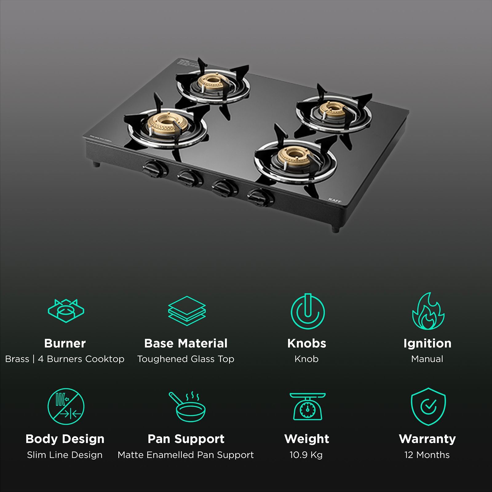 KAFF CTC634B Toughened Glass Top 4 Burner Manual Gas Stove (Matte Enamelled Pan Support, Black)_3