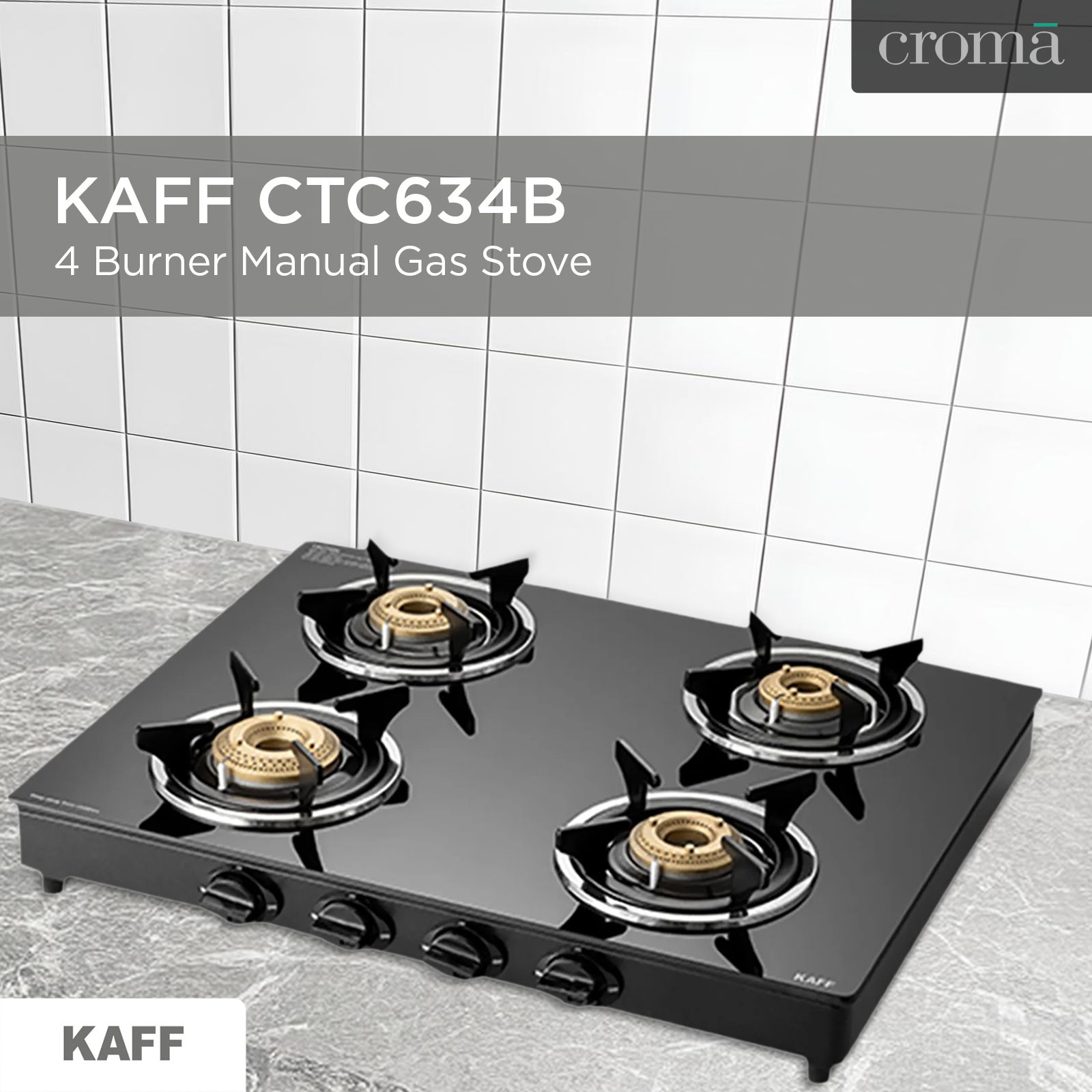 KAFF CTC634B Toughened Glass Top 4 Burner Manual Gas Stove (Matte Enamelled Pan Support, Black)_7