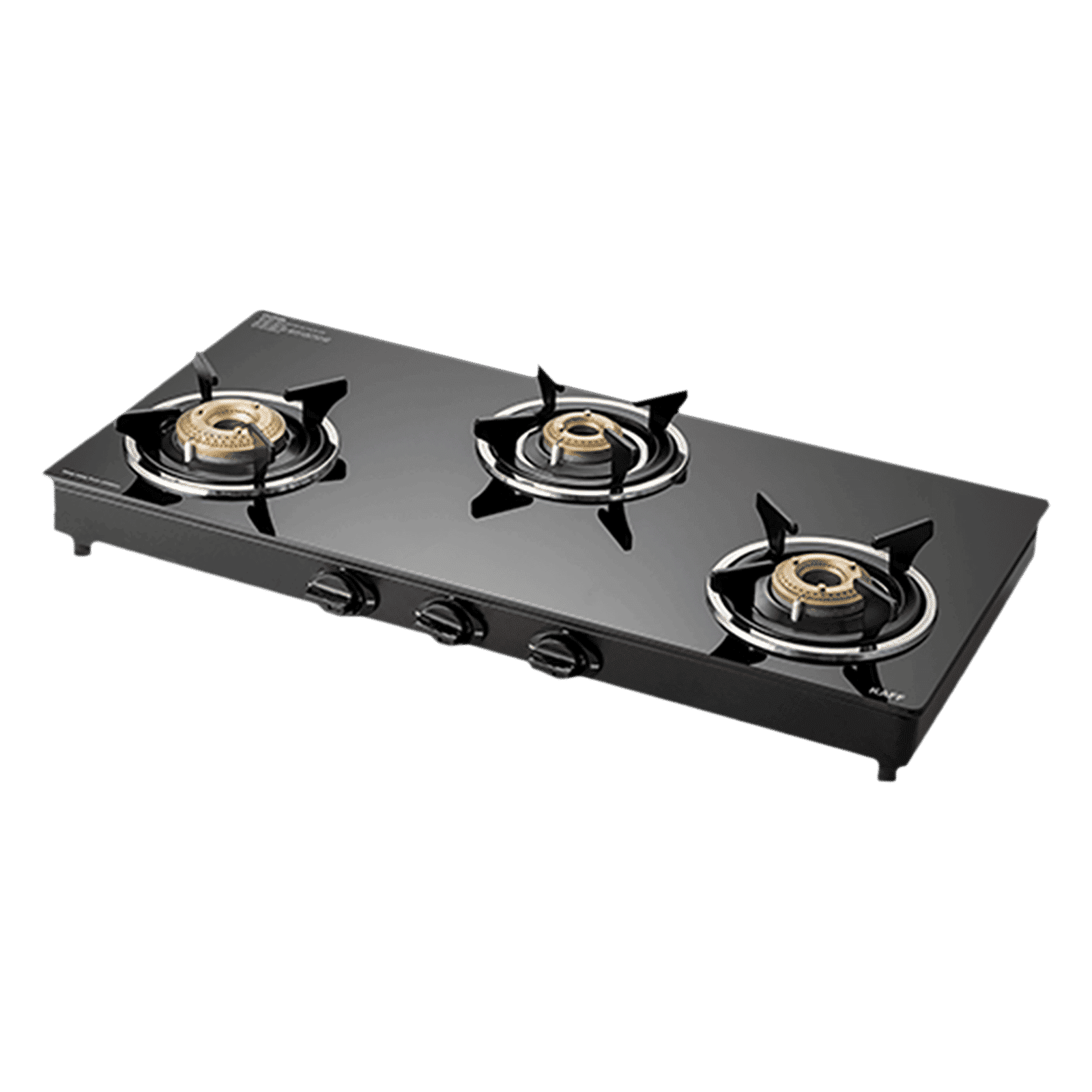 KAFF CTC773B Toughened Glass Top 3 Burner Manual Gas Stove (Matte Enamelled Pan Support, Black)_1