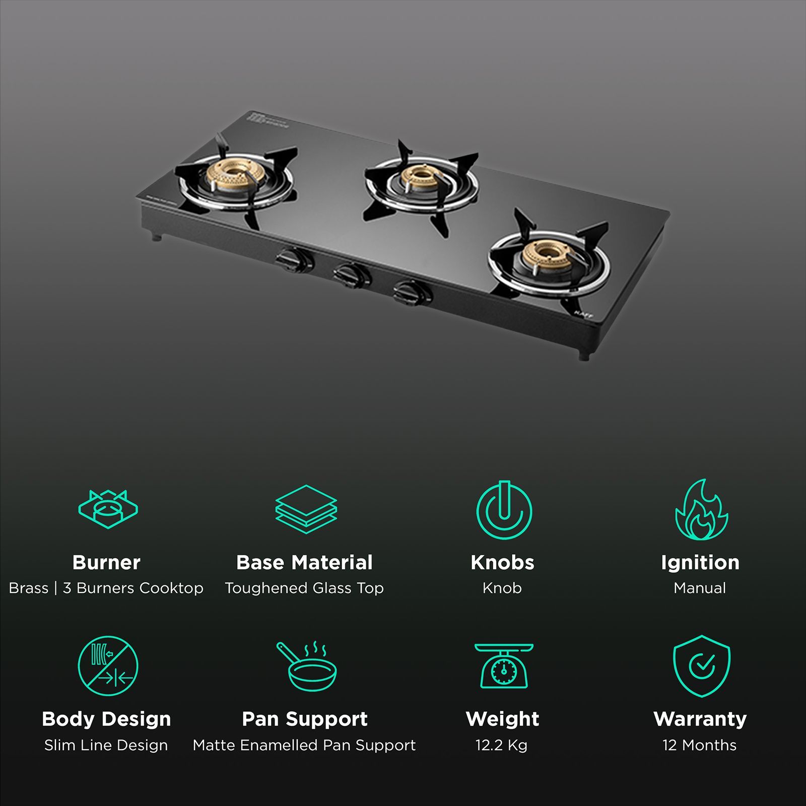 KAFF CTC773B Toughened Glass Top 3 Burner Manual Gas Stove (Matte Enamelled Pan Support, Black)_3