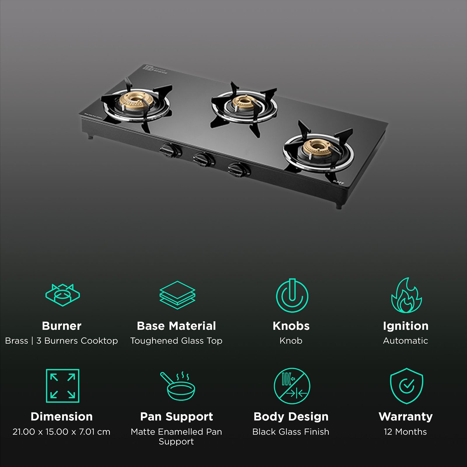 KAFF CTC773BAI Toughened Glass Top 3 Burner Automatic Gas Stove (Matte Enamelled Pan Support, Black)_2
