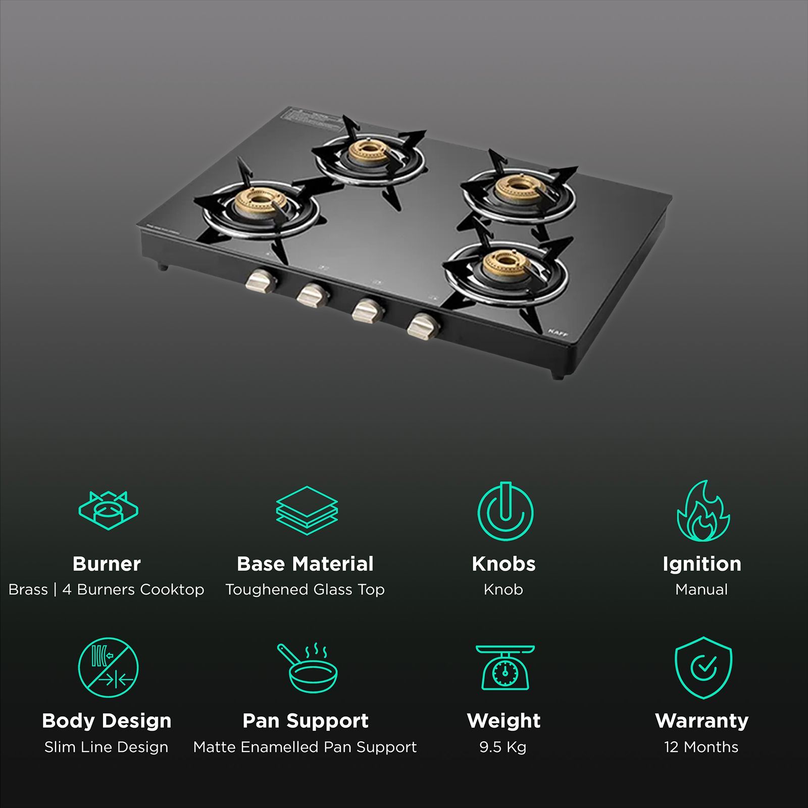 KAFF CTE694B Toughened Glass Top 4 Burner Manual Gas Stove (Matte Enamelled Pan Support, Black)_3