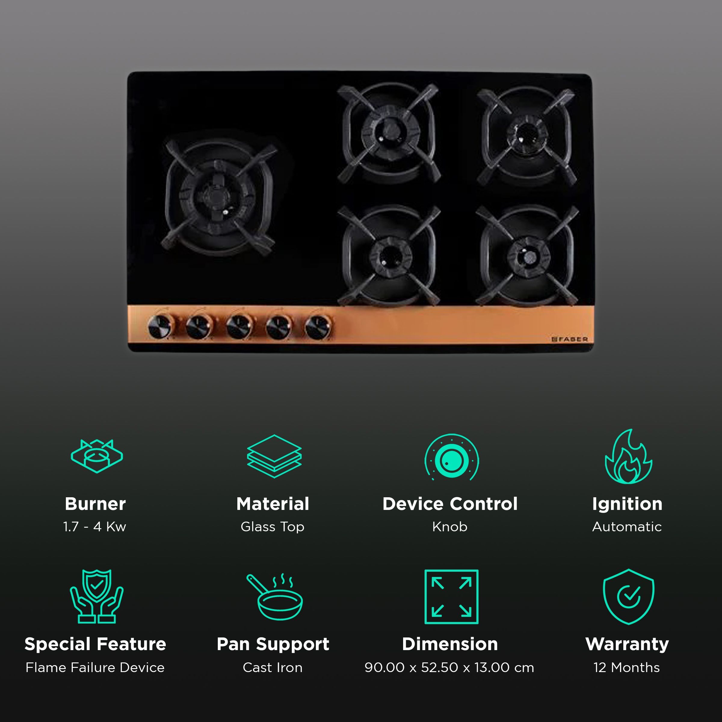 Faber Utopia Pro HT 905 BR CI 5 Burner Automatic Electric Hob (Flame Failure Device, Black)_3