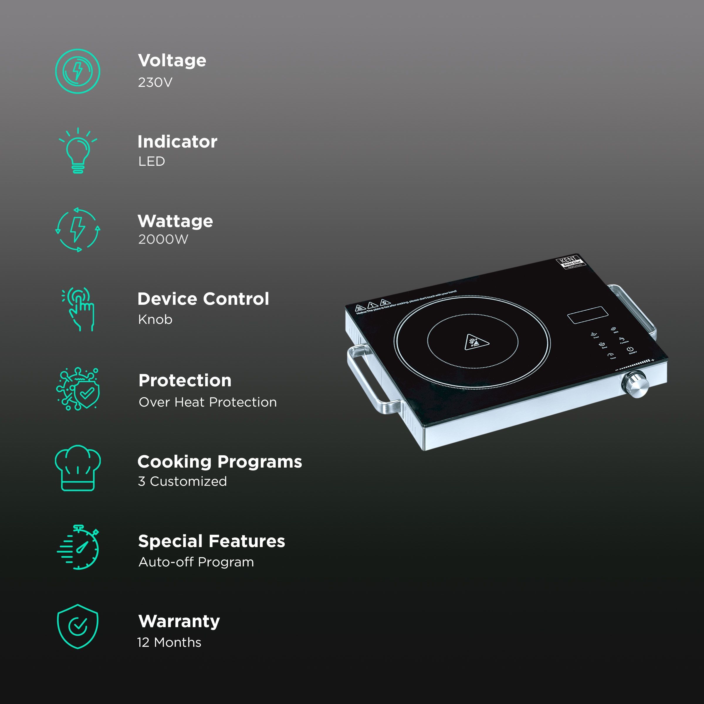 Kent Blaze 2000W Induction Cooktop with 3 Preset Menus_3
