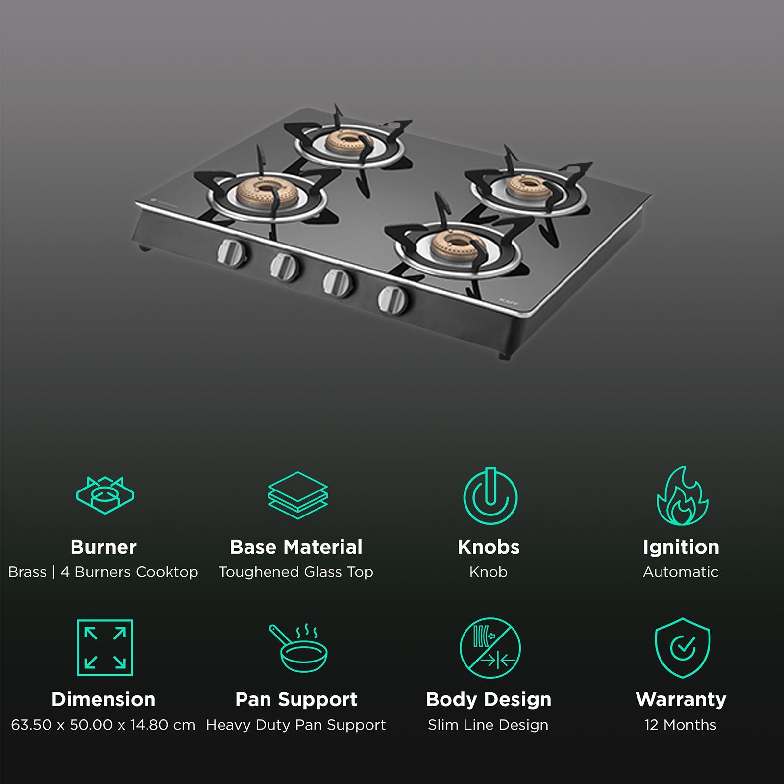 KAFF CTAI 63 4B Toughened Glass Top 4 Burner Automatic Gas Stove (Heavy Duty Pan Support, Black)_3