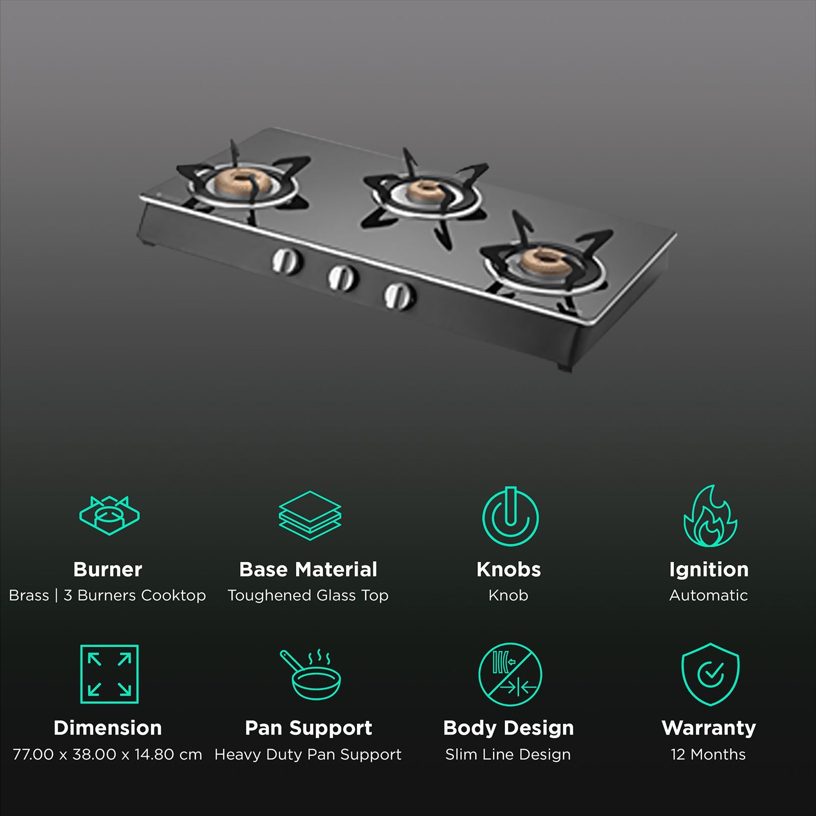 KAFF CTAI773B Toughened Glass Top 3 Burner Automatic Gas Stove (Heavy Duty Pan Support, Black)_3