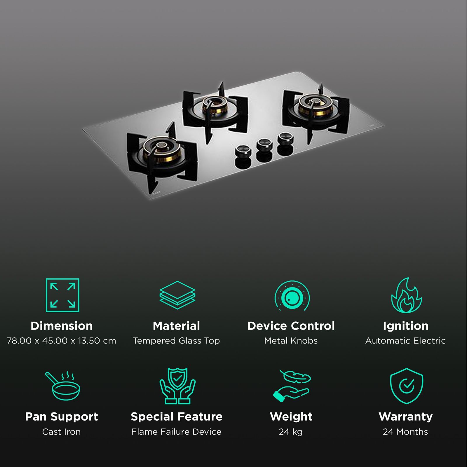 KAFF INF 783 Tempered Glass Top 3 Burner Automatic Electric Hob (Flame Failure Device, Black)_3