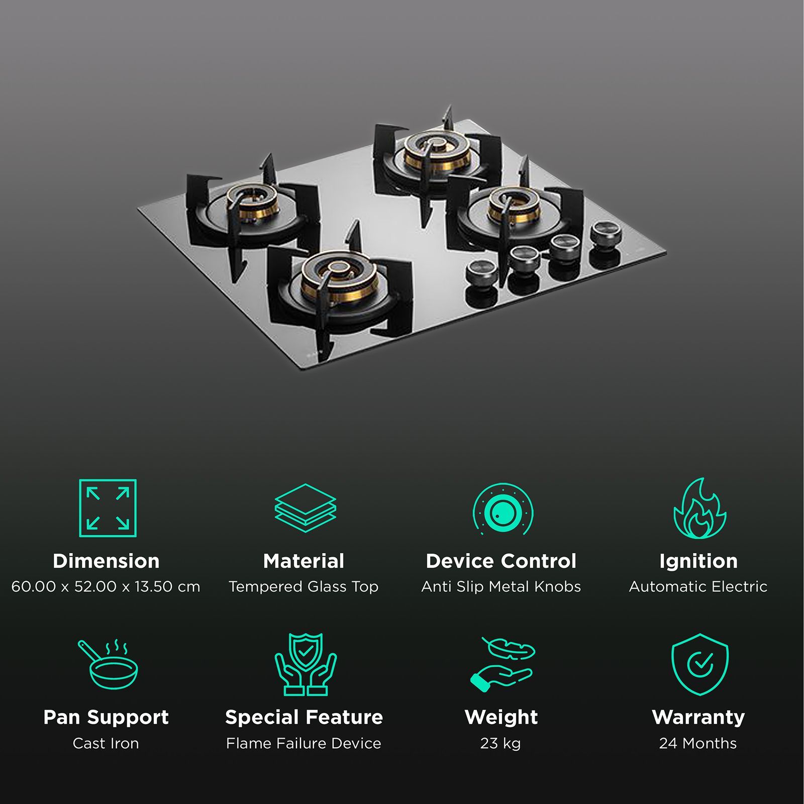 KAFF INF 604 Tempered Glass Top 4 Burner Automatic Electric Hob (Flame Failure Device, Black)_3