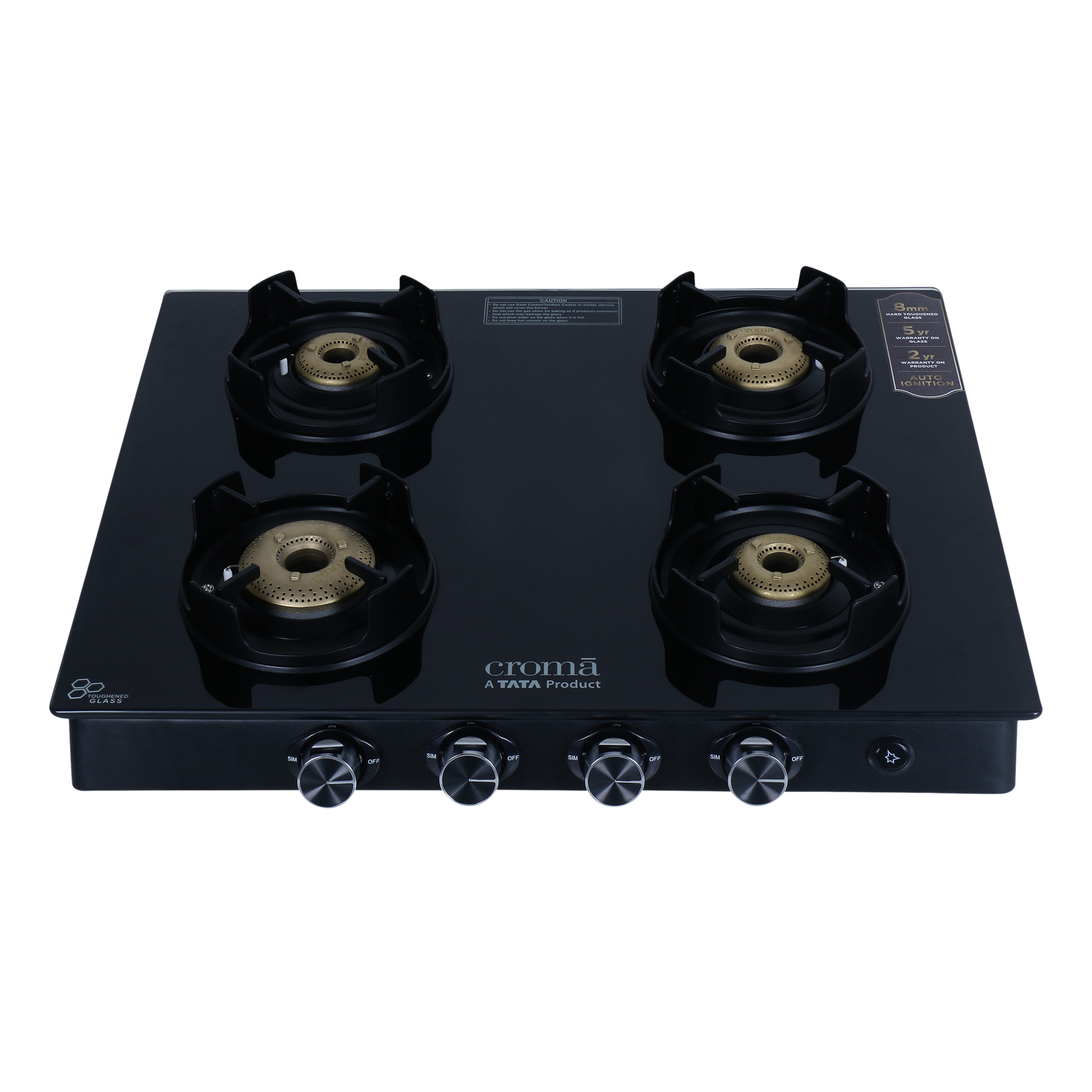Croma Toughened Glass Top 4 Burner Automatic Gas Stove (Flame proof pan support, Black) Croma Toughened Glass Top 4 Burner Automatic Gas Stove (Flame proof pan support, Black)_1