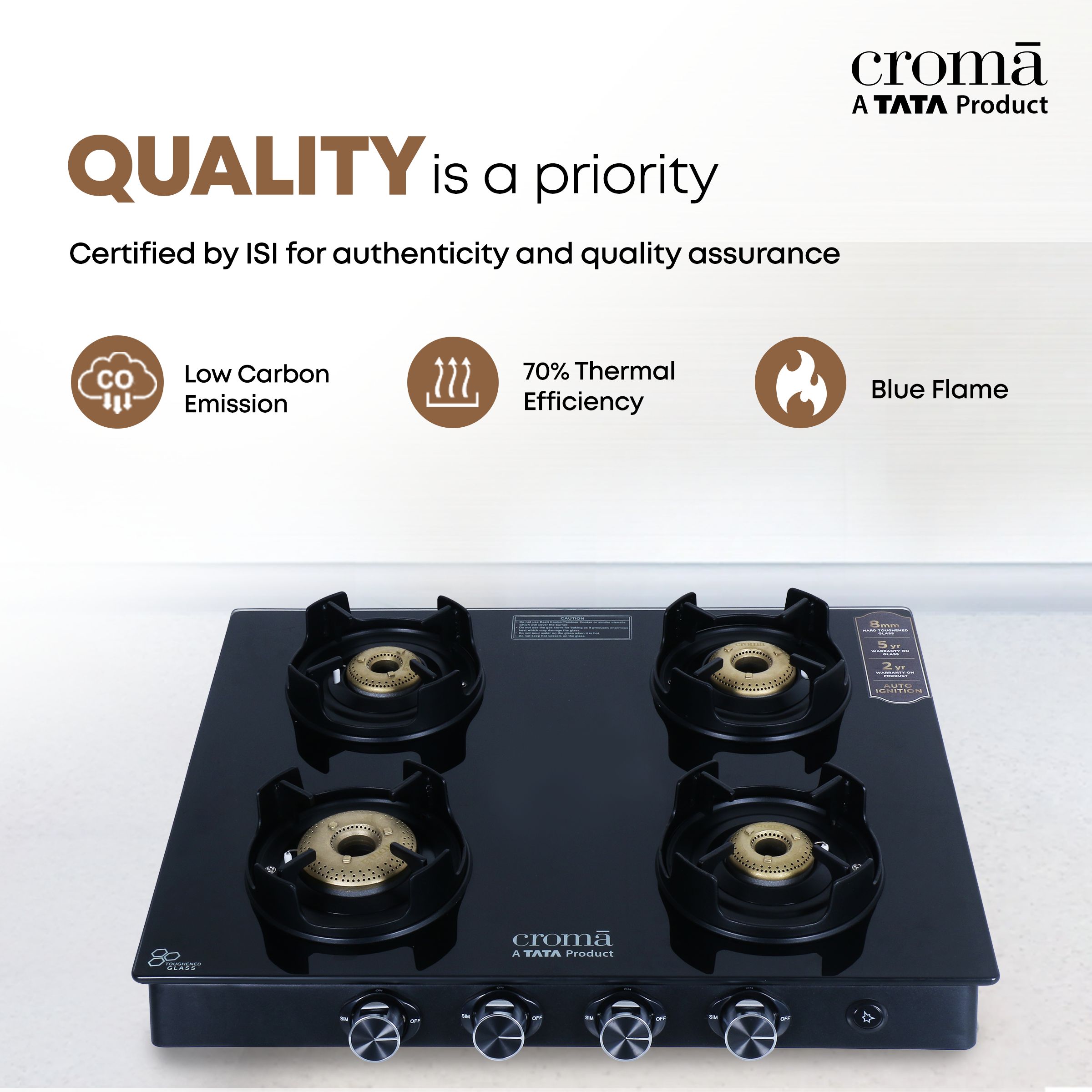 Croma Toughened Glass Top 4 Burner Automatic Gas Stove (Flame proof pan support, Black) Croma Toughened Glass Top 4 Burner Automatic Gas Stove (Flame proof pan support, Black)_8