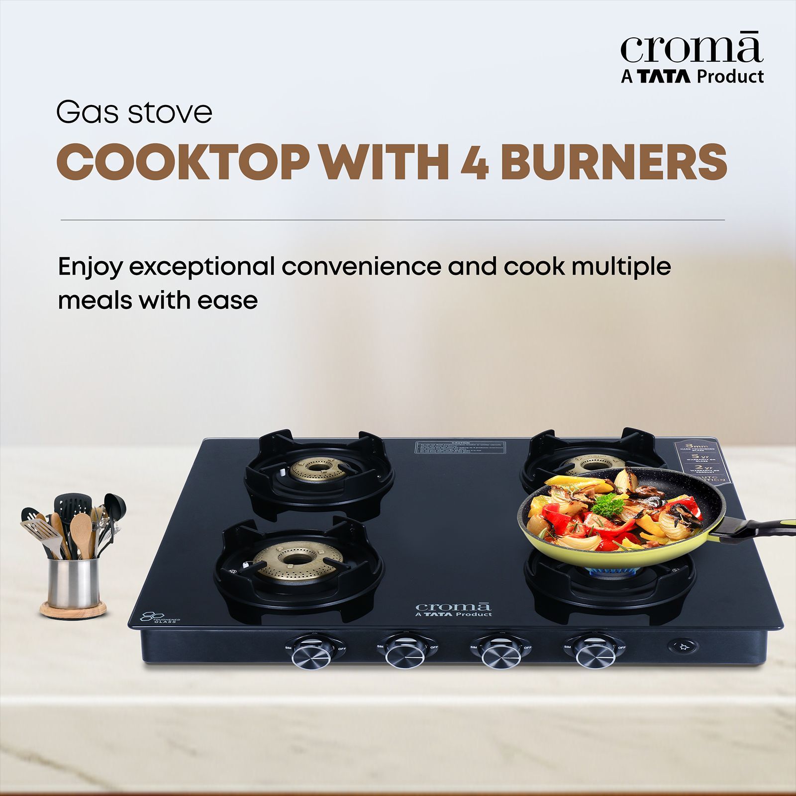 Croma Toughened Glass Top 4 Burner Automatic Gas Stove (Flame proof pan support, Black) Croma Toughened Glass Top 4 Burner Automatic Gas Stove (Flame proof pan support, Black)_11