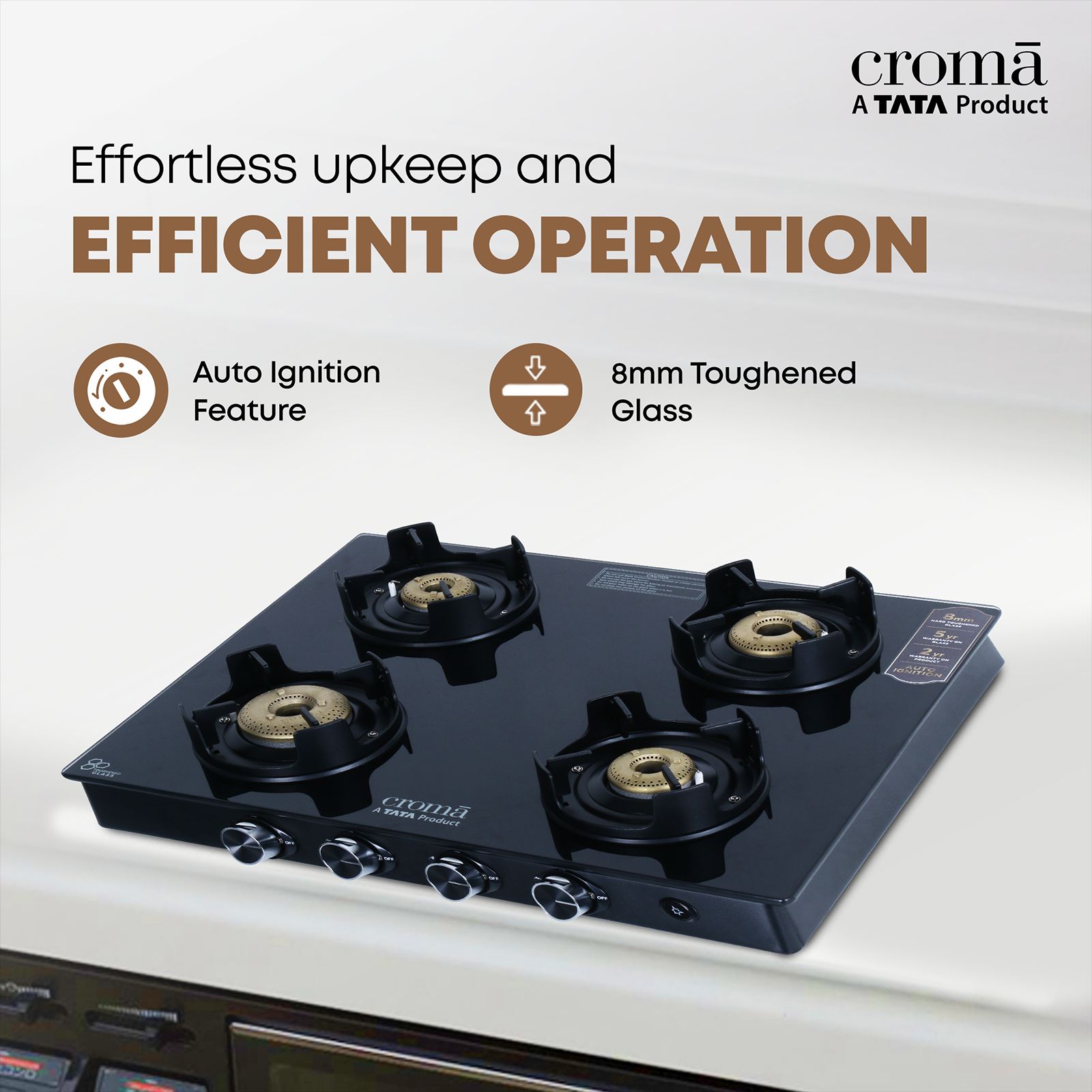 Croma Toughened Glass Top 4 Burner Automatic Gas Stove (Flame proof pan support, Black) Croma Toughened Glass Top 4 Burner Automatic Gas Stove (Flame proof pan support, Black)_12