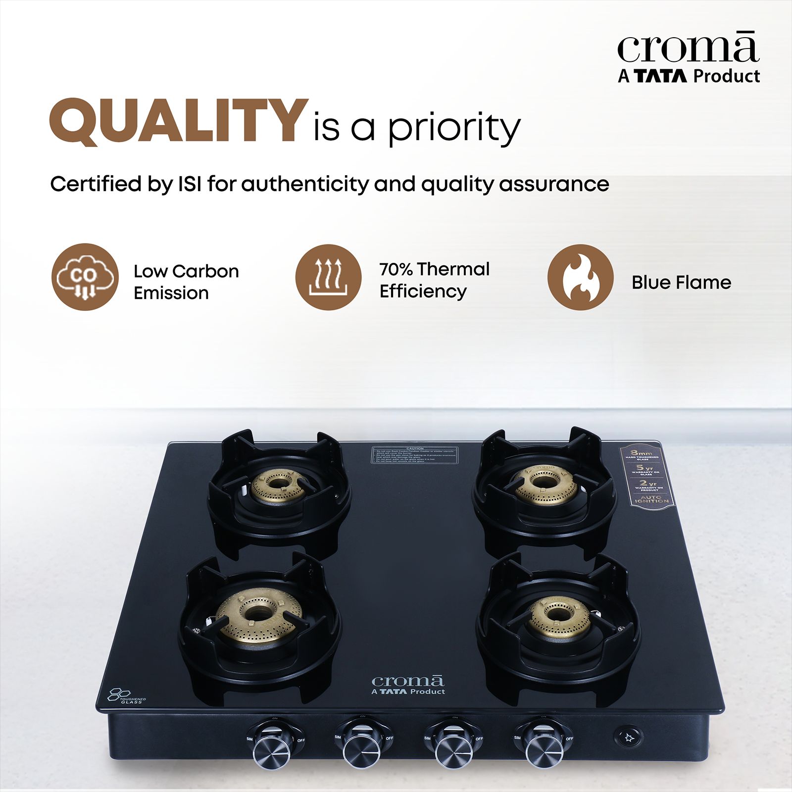 Croma Toughened Glass Top 4 Burner Automatic Gas Stove (Flame proof pan support, Black) Croma Toughened Glass Top 4 Burner Automatic Gas Stove (Flame proof pan support, Black)_13