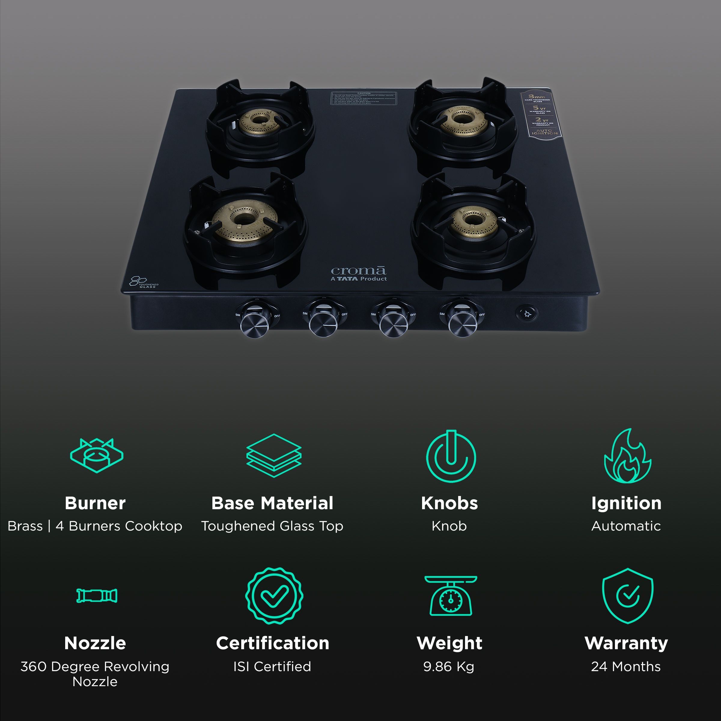 Croma Toughened Glass Top 4 Burner Automatic Gas Stove (Flame proof pan support, Black) Croma Toughened Glass Top 4 Burner Automatic Gas Stove (Flame proof pan support, Black)_3