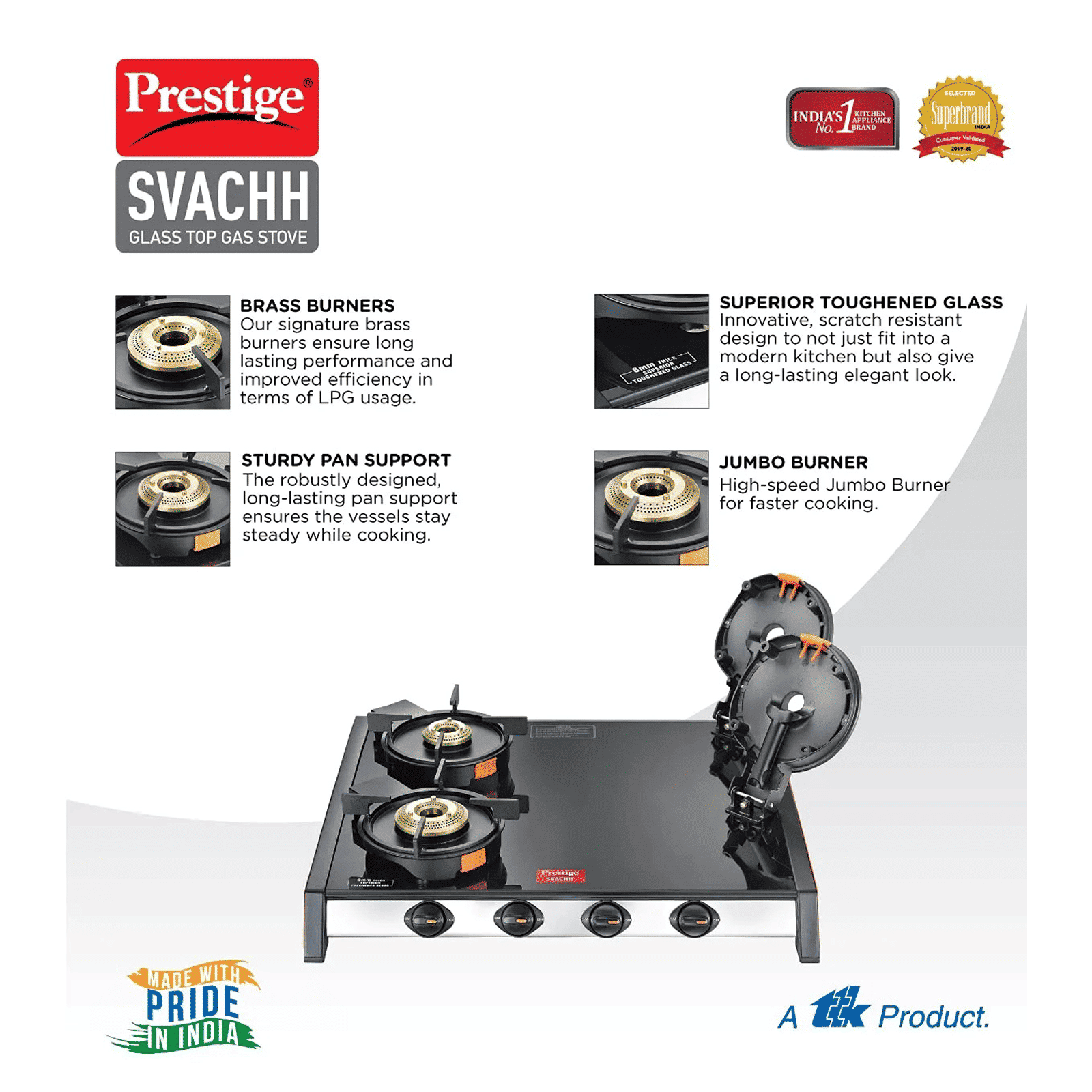 Prestige Svachh Toughened Glass Top 4 Burner Manual Gas Stove (Liftable Burner Set, Black)_6