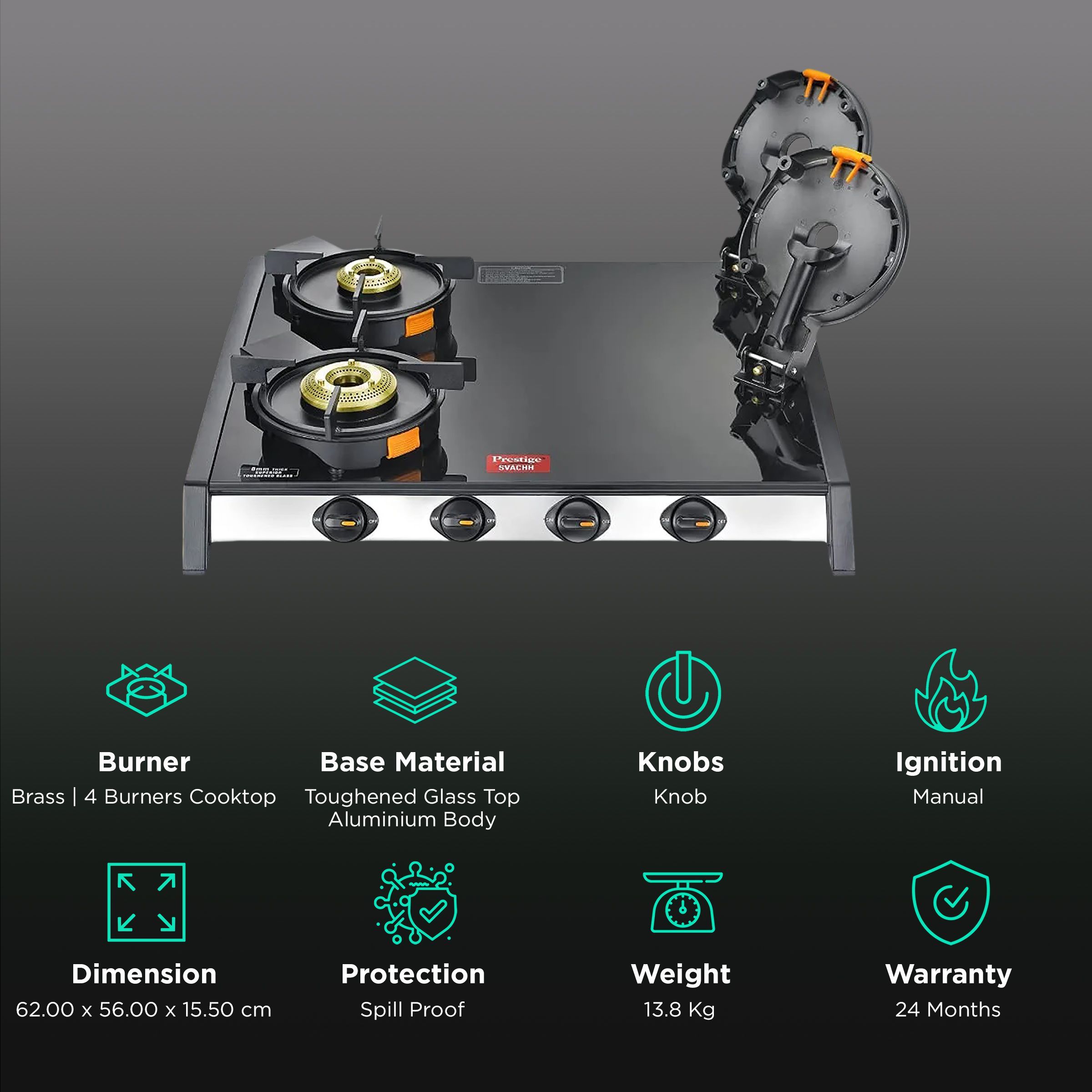 Prestige Svachh Toughened Glass Top 4 Burner Manual Gas Stove (Liftable Burner Set, Black)_3