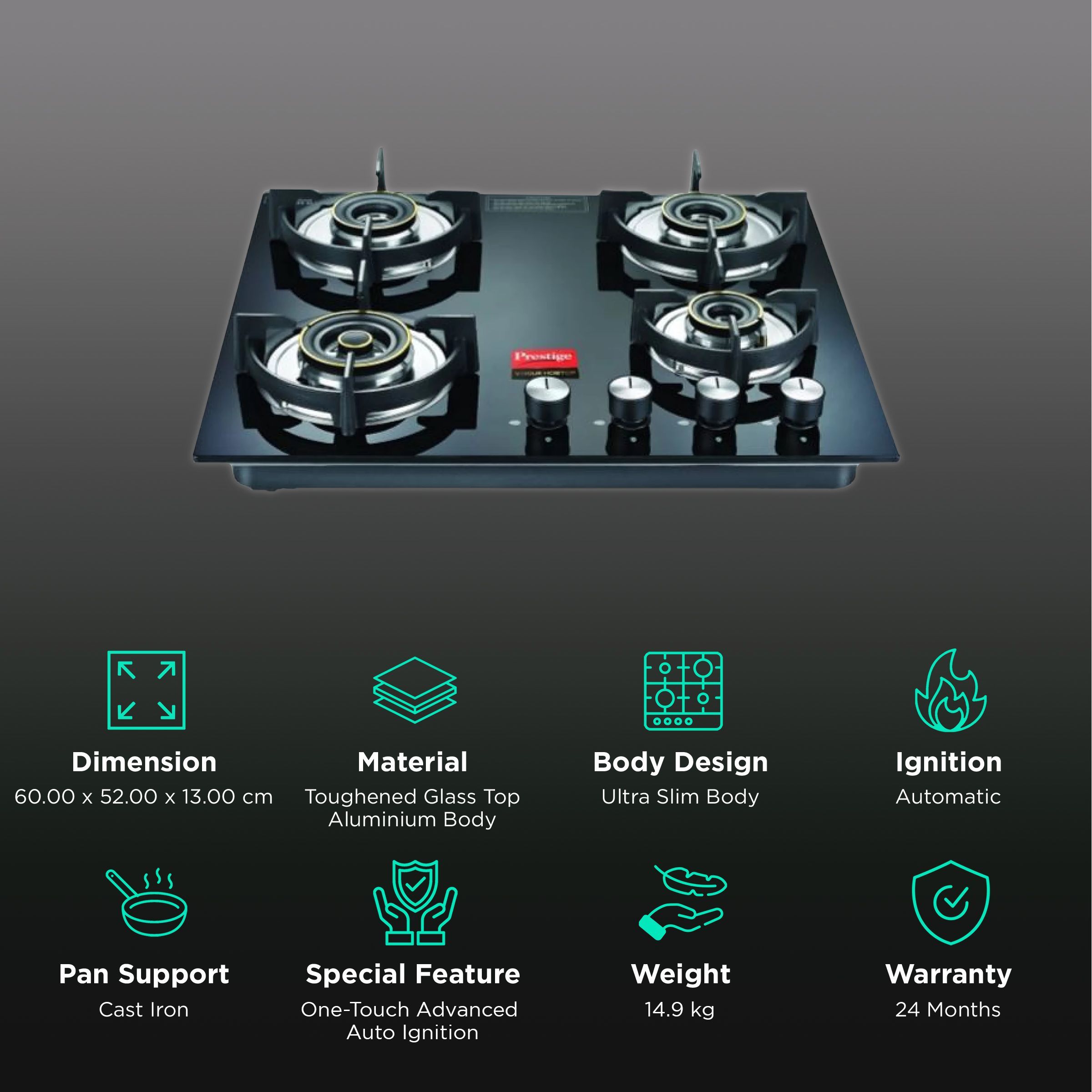 Prestige Vogue Toughened Glass Top 4 Burner Automatic Hob (Ultra Slim Body, Black)_3
