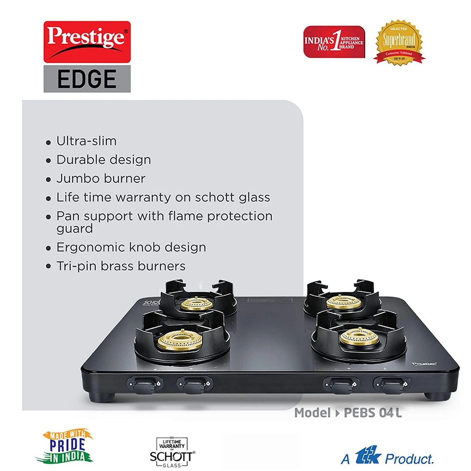Prestige Edge Toughened Glass Top 4 Burner Manual Gas Stove (Ergonomic Knob, Black)_7