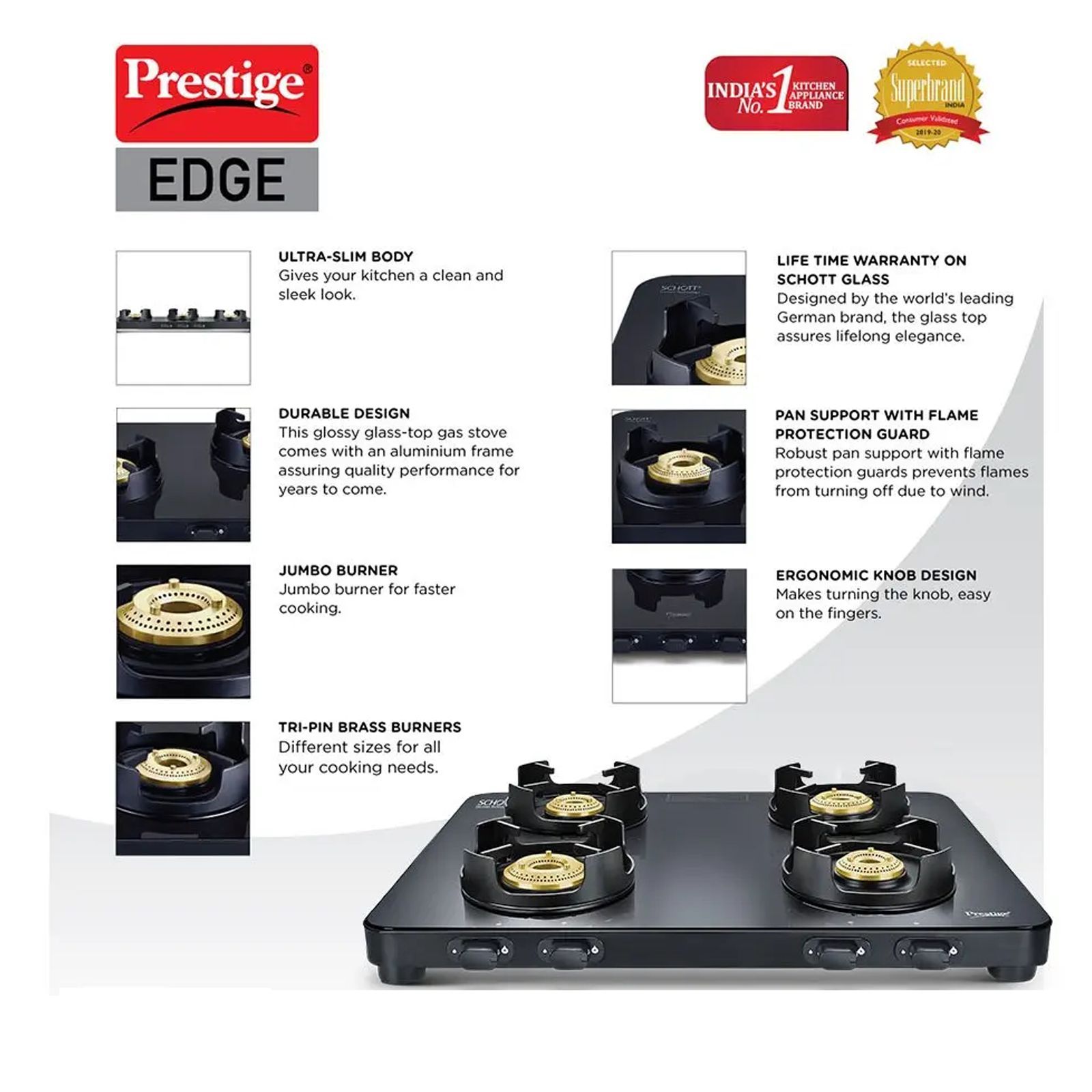 Prestige Edge Toughened Glass Top 4 Burner Manual Gas Stove (Ergonomic Knob, Black)_8