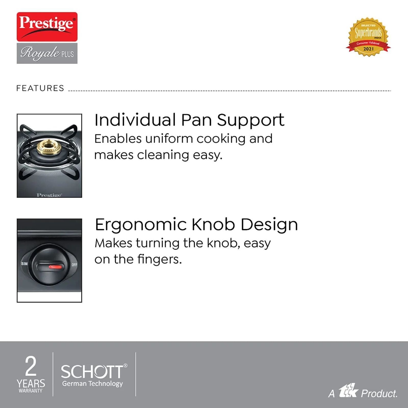 Prestige Royale Plus Toughened Glass Top 2 Burner Manual Gas Stove (Ergonomic Knob, Black)_5