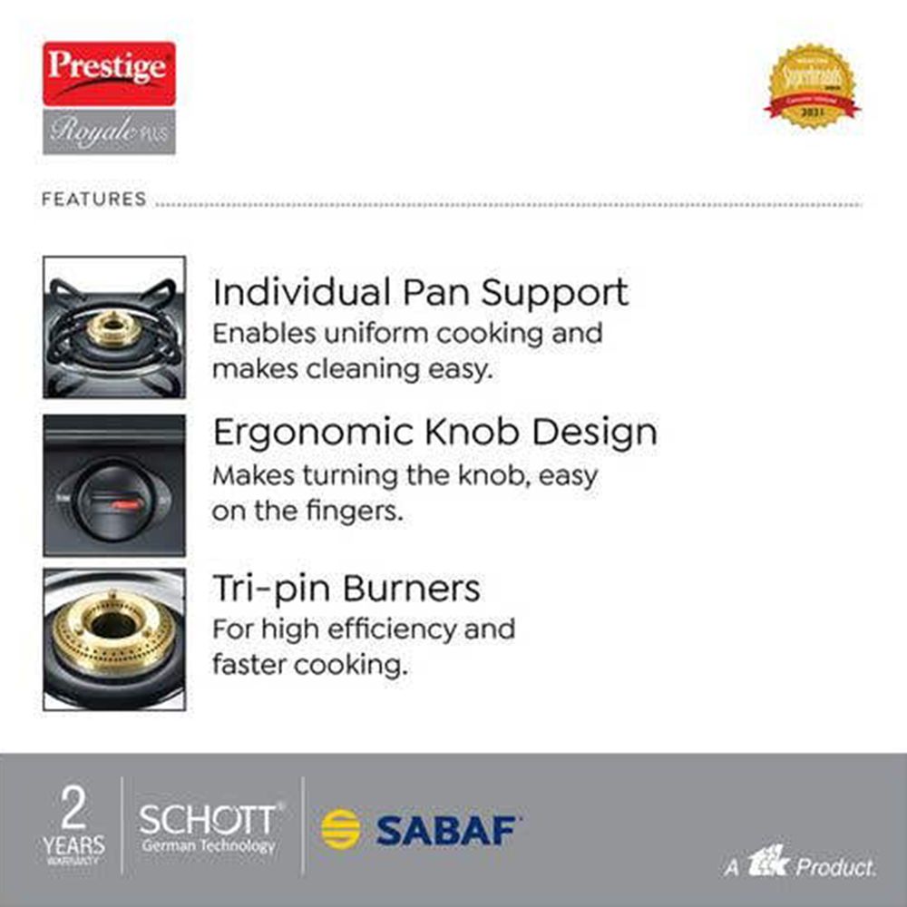 Prestige Royale Plus Toughened Glass Top 3 Burner Manual Gas Stove (Ergonomic Knob, Black) Prestige Royale Plus Toughened Glass Top 3 Burner Manual Gas Stove (Ergonomic Knob, Black)_5