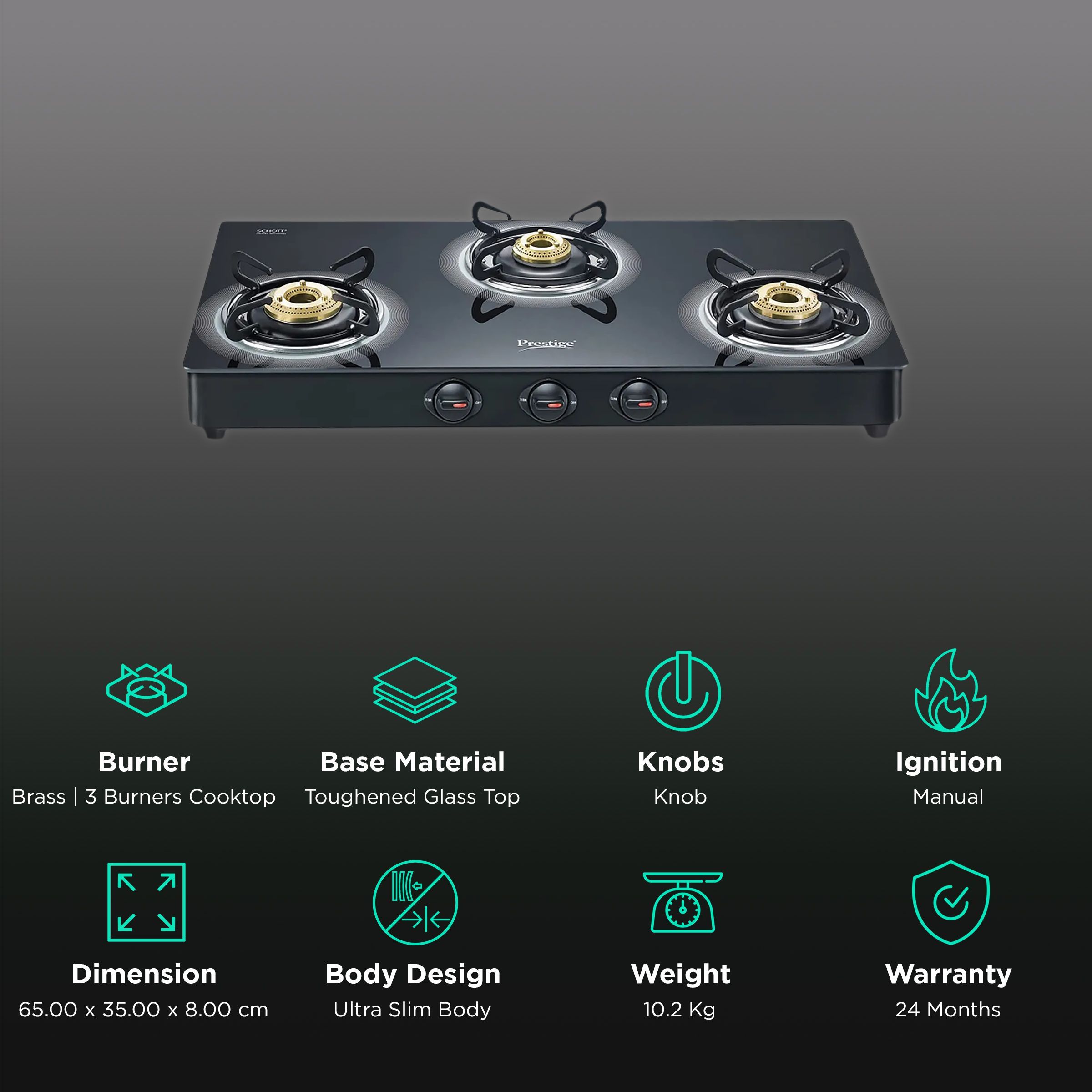 Prestige Royale Plus Toughened Glass Top 3 Burner Manual Gas Stove (Ergonomic Knob, Black) Prestige Royale Plus Toughened Glass Top 3 Burner Manual Gas Stove (Ergonomic Knob, Black)_3