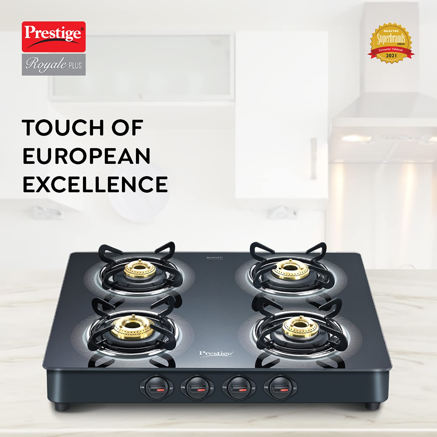 Prestige Royale Plus Toughened Glass Top 4 Burner Manual Gas Stove (Ergonomic Knob, Black)_4