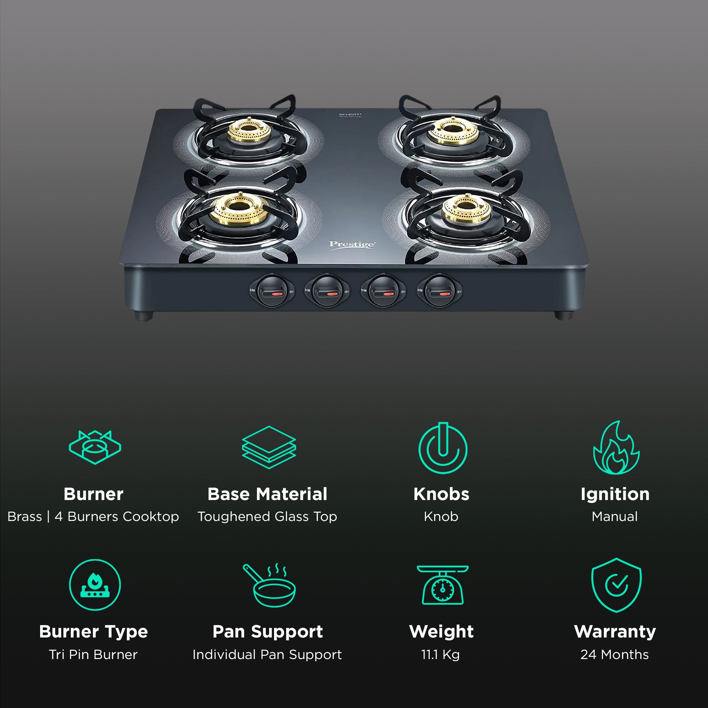 Prestige Royale Plus Toughened Glass Top 4 Burner Manual Gas Stove (Ergonomic Knob, Black)_3