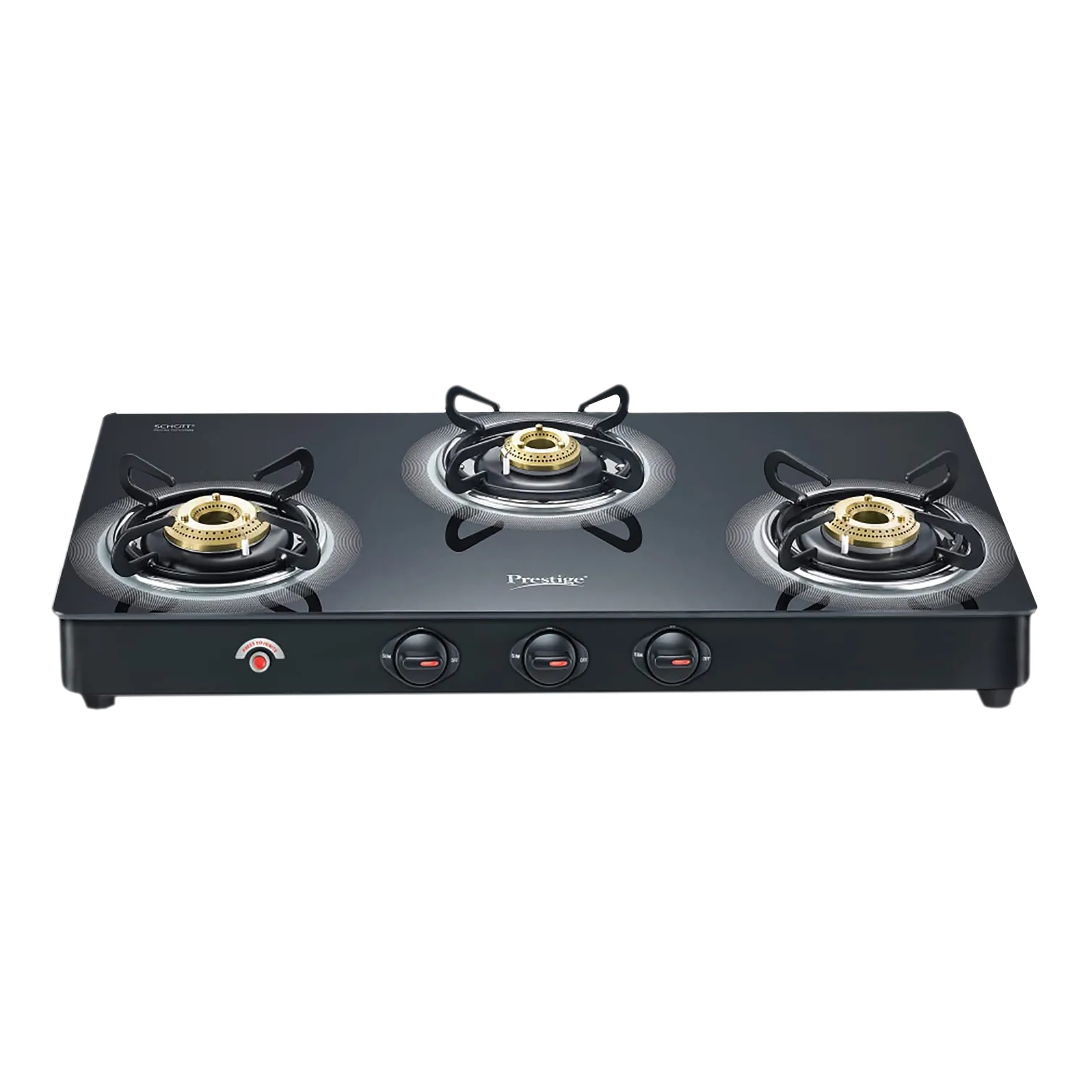 Prestige Royale Plus Toughened Glass Top 3 Burner Automatic Gas Stove (Ergonomic Knob, Black)_1
