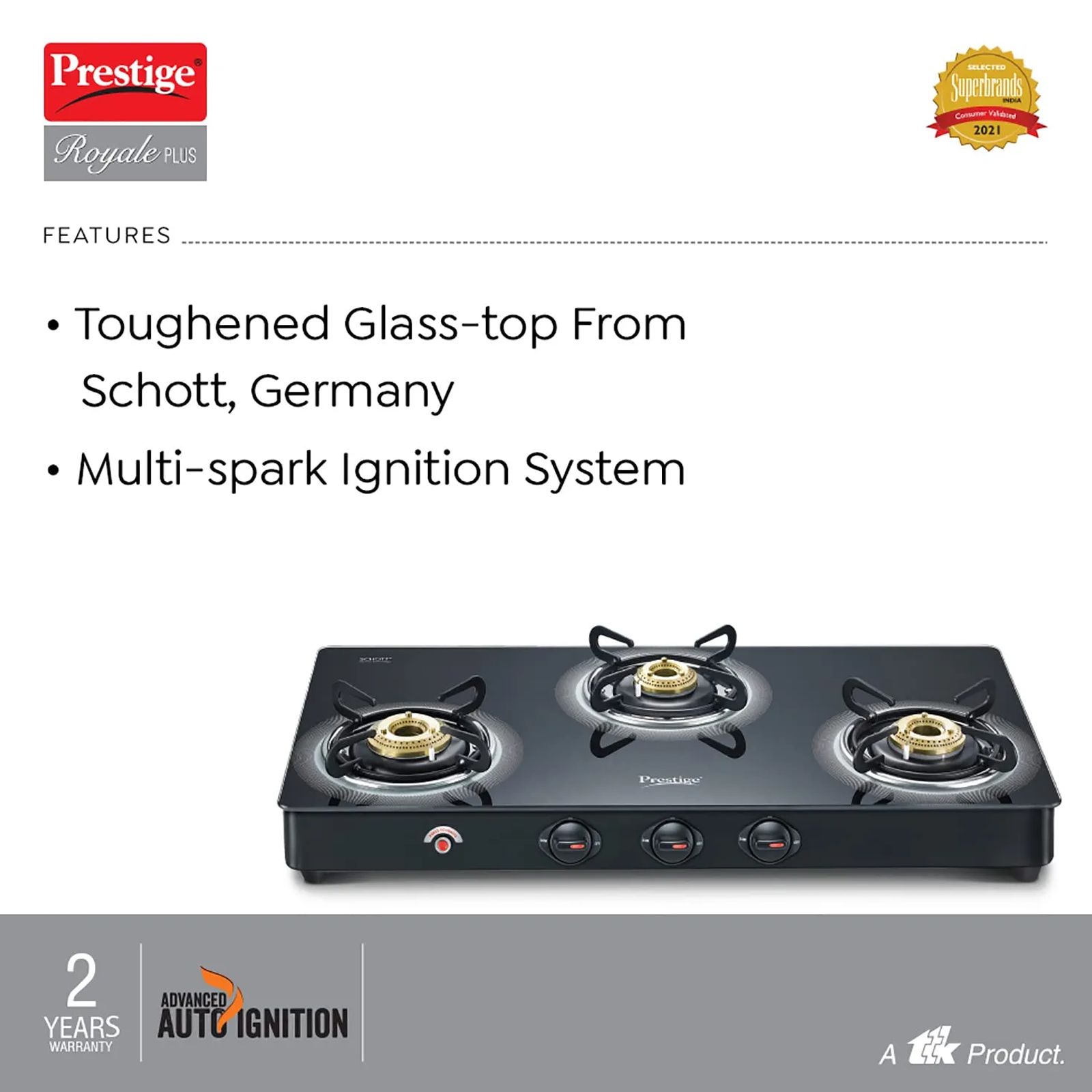 Prestige Royale Plus Toughened Glass Top 3 Burner Automatic Gas Stove (Ergonomic Knob, Black)_5