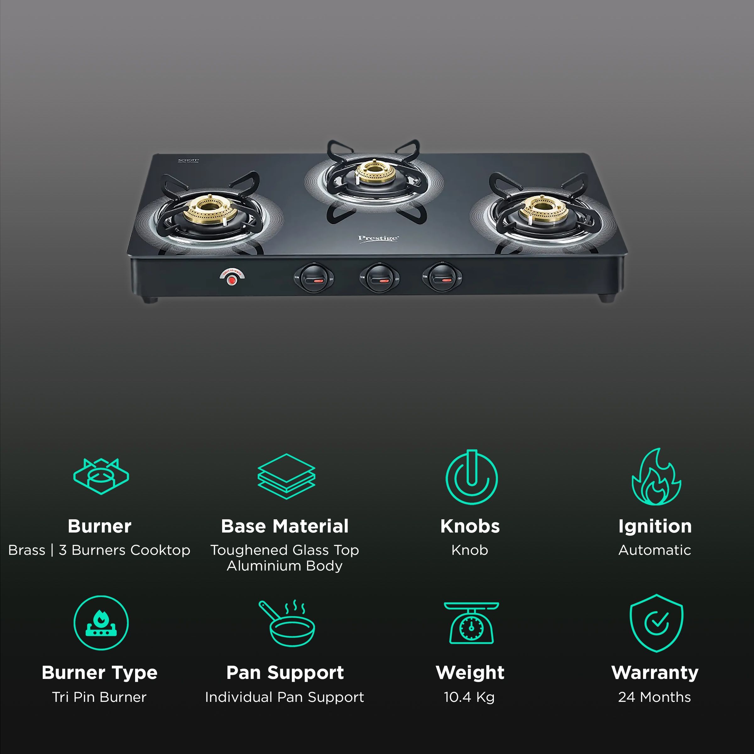 Prestige Royale Plus Toughened Glass Top 3 Burner Automatic Gas Stove (Ergonomic Knob, Black)_3