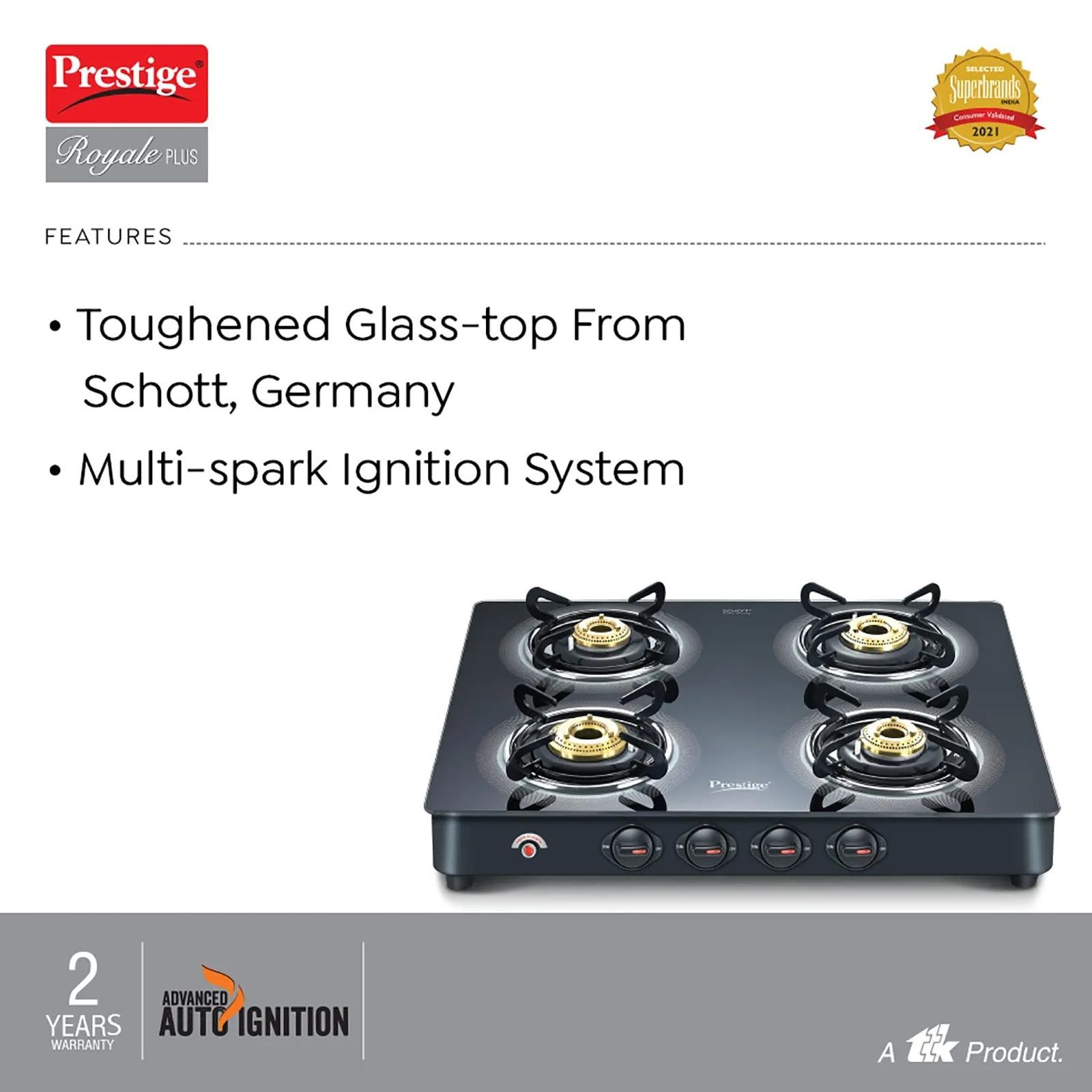 Prestige Royale Plus Toughened Glass Top 4 Burner Automatic Gas Stove (Ergonomic Knob, Black)_5