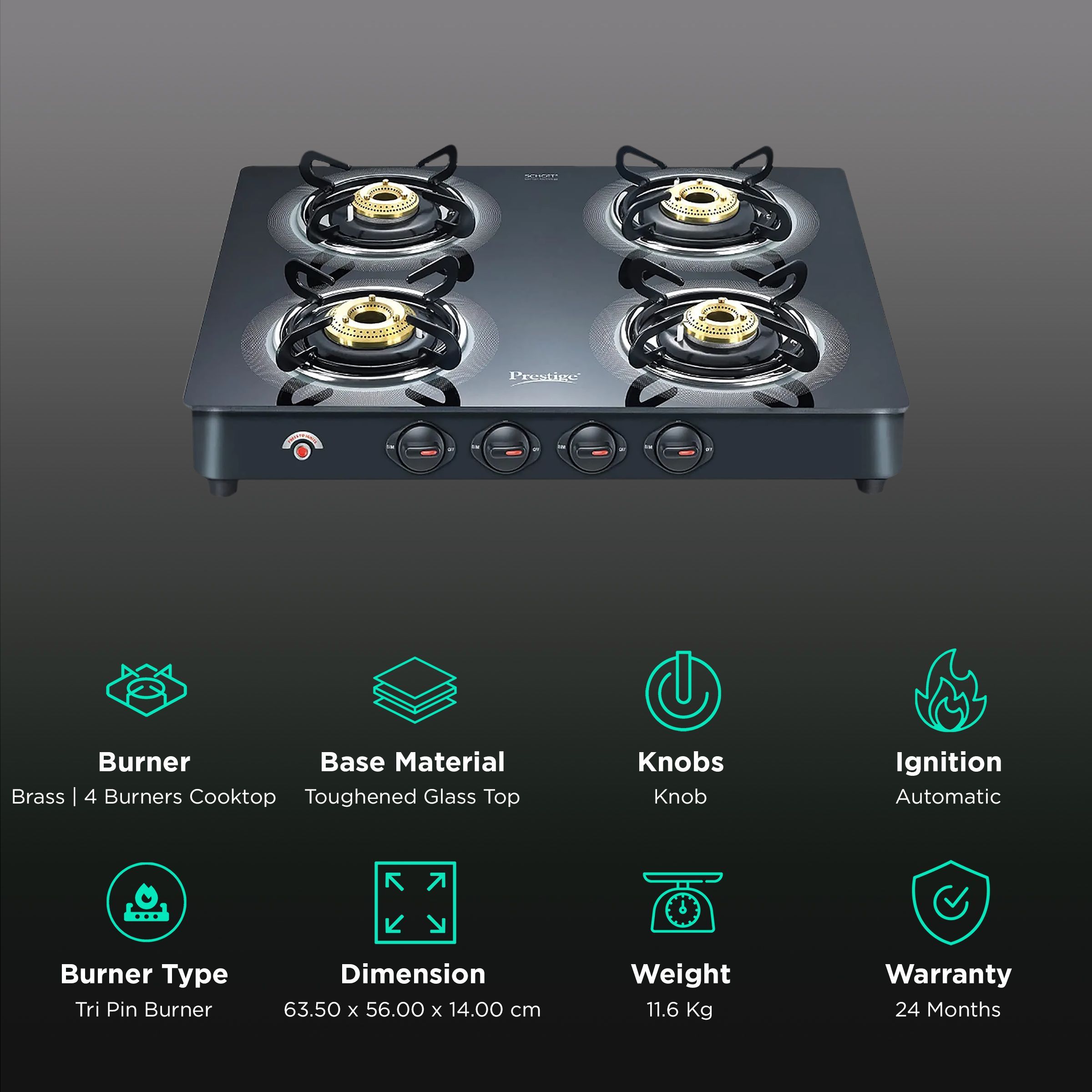 Prestige Royale Plus Toughened Glass Top 4 Burner Automatic Gas Stove (Ergonomic Knob, Black)_3